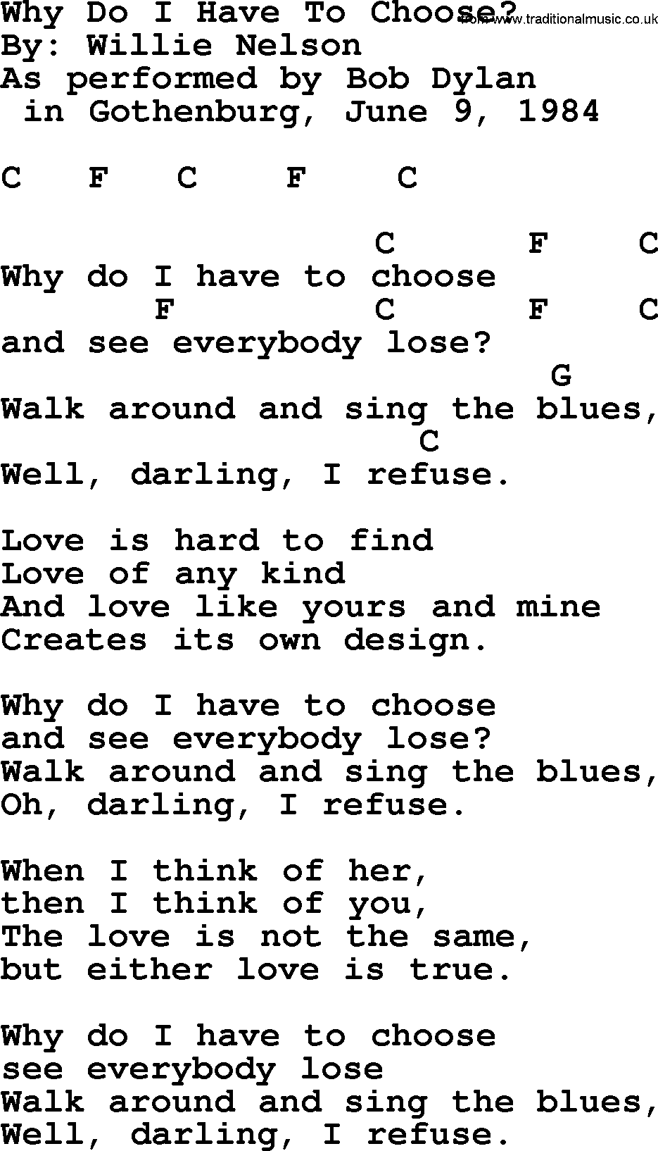 Bob Dylan song, lyrics with chords - Why Do I Have To Choose