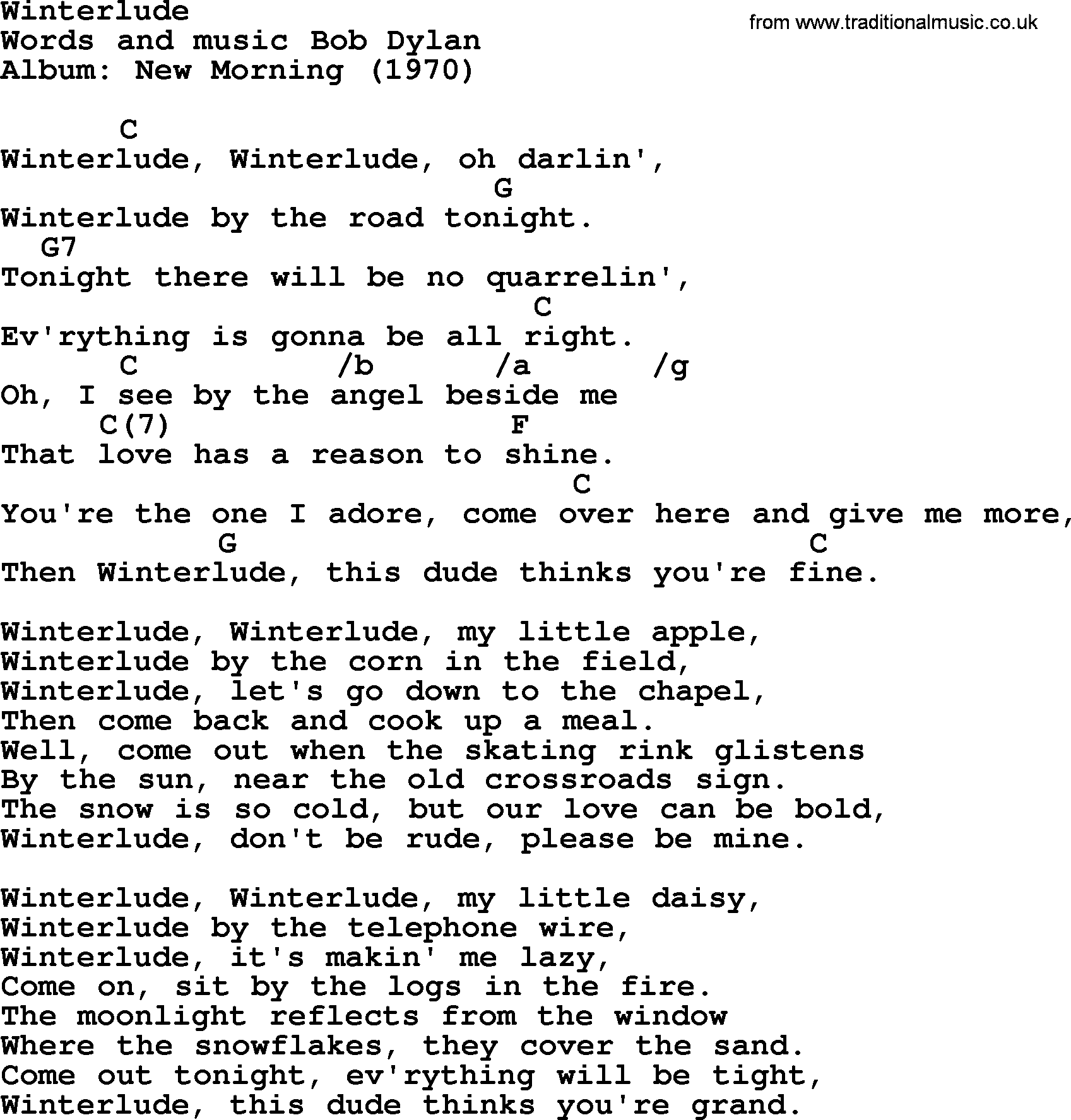 Bob Dylan song, lyrics with chords - Winterlude