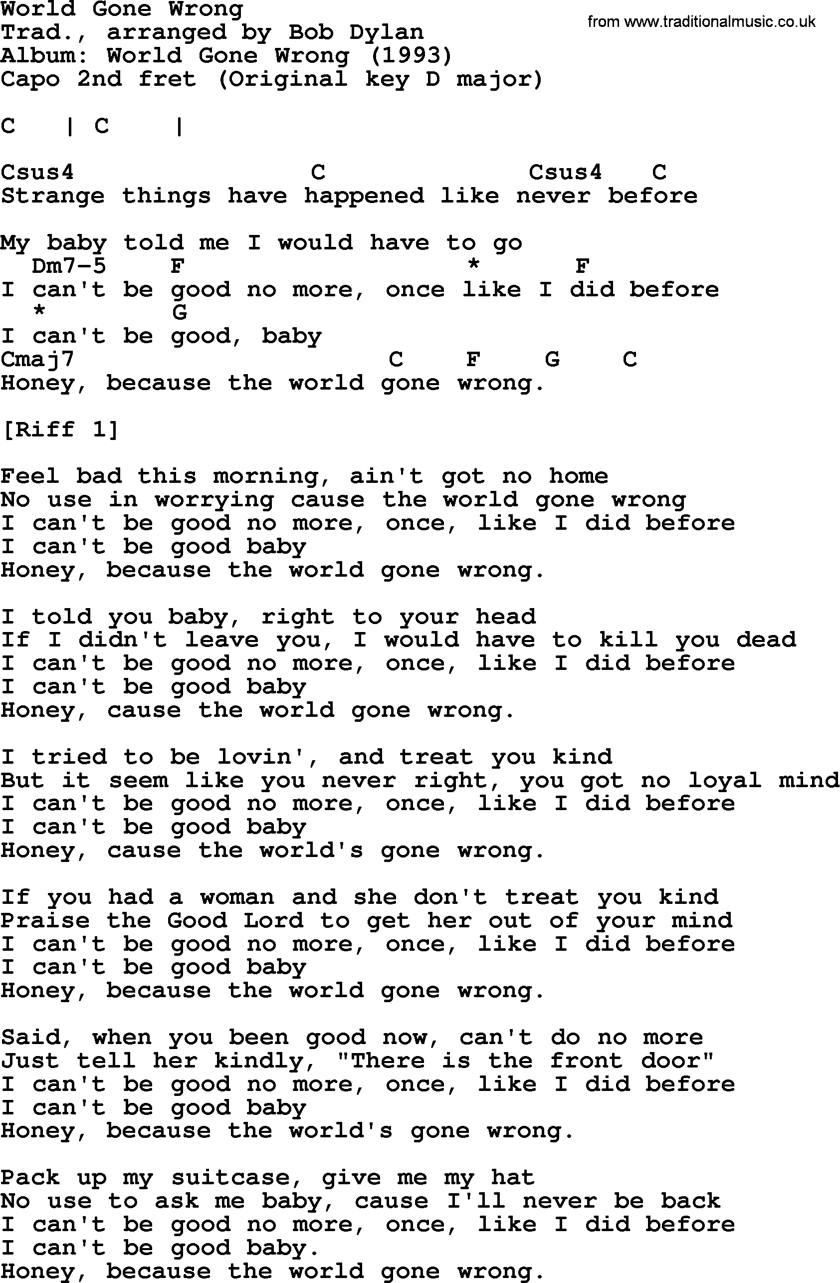 Bob Dylan song, lyrics with chords - World Gone Wrong