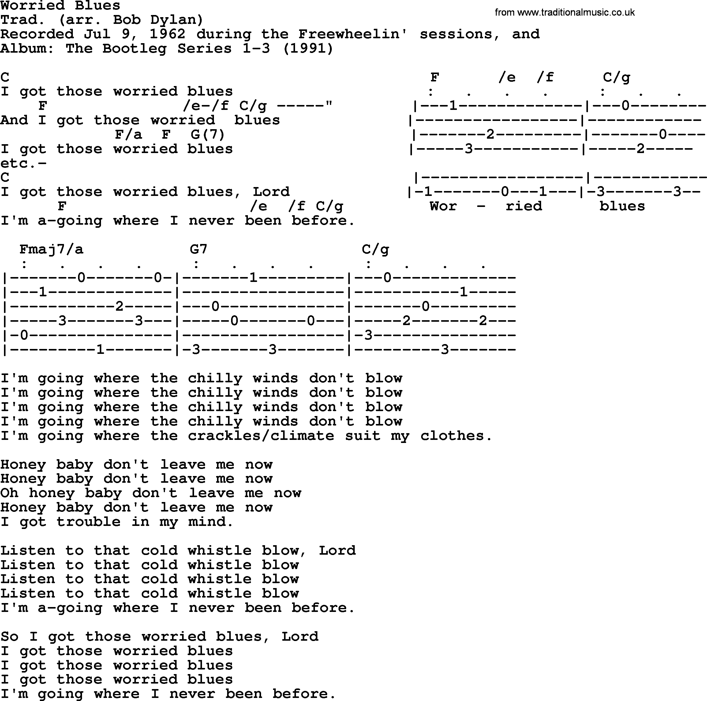 Bob Dylan song, lyrics with chords - Worried Blues