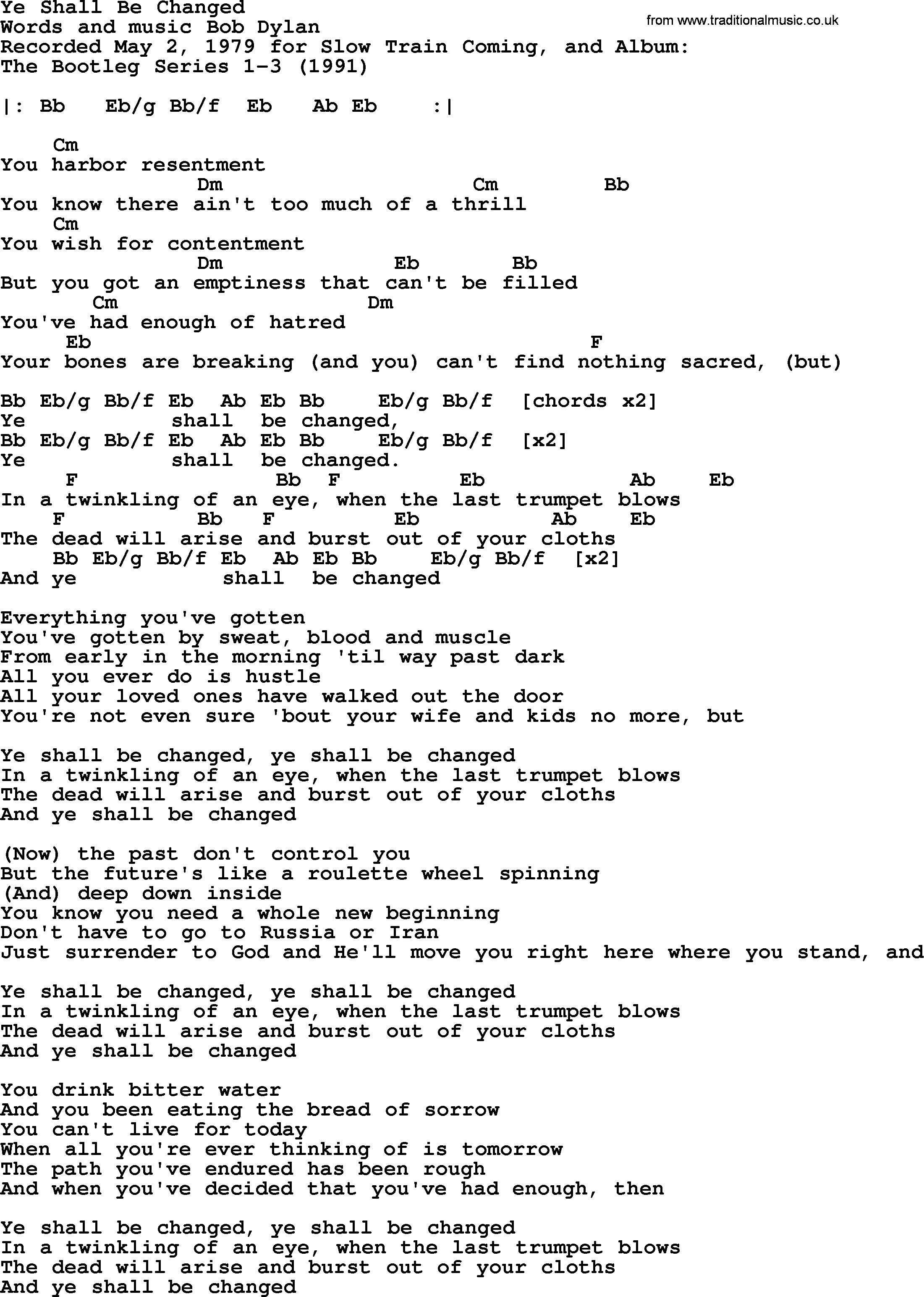 Bob Dylan song, lyrics with chords - Ye Shall Be Changed