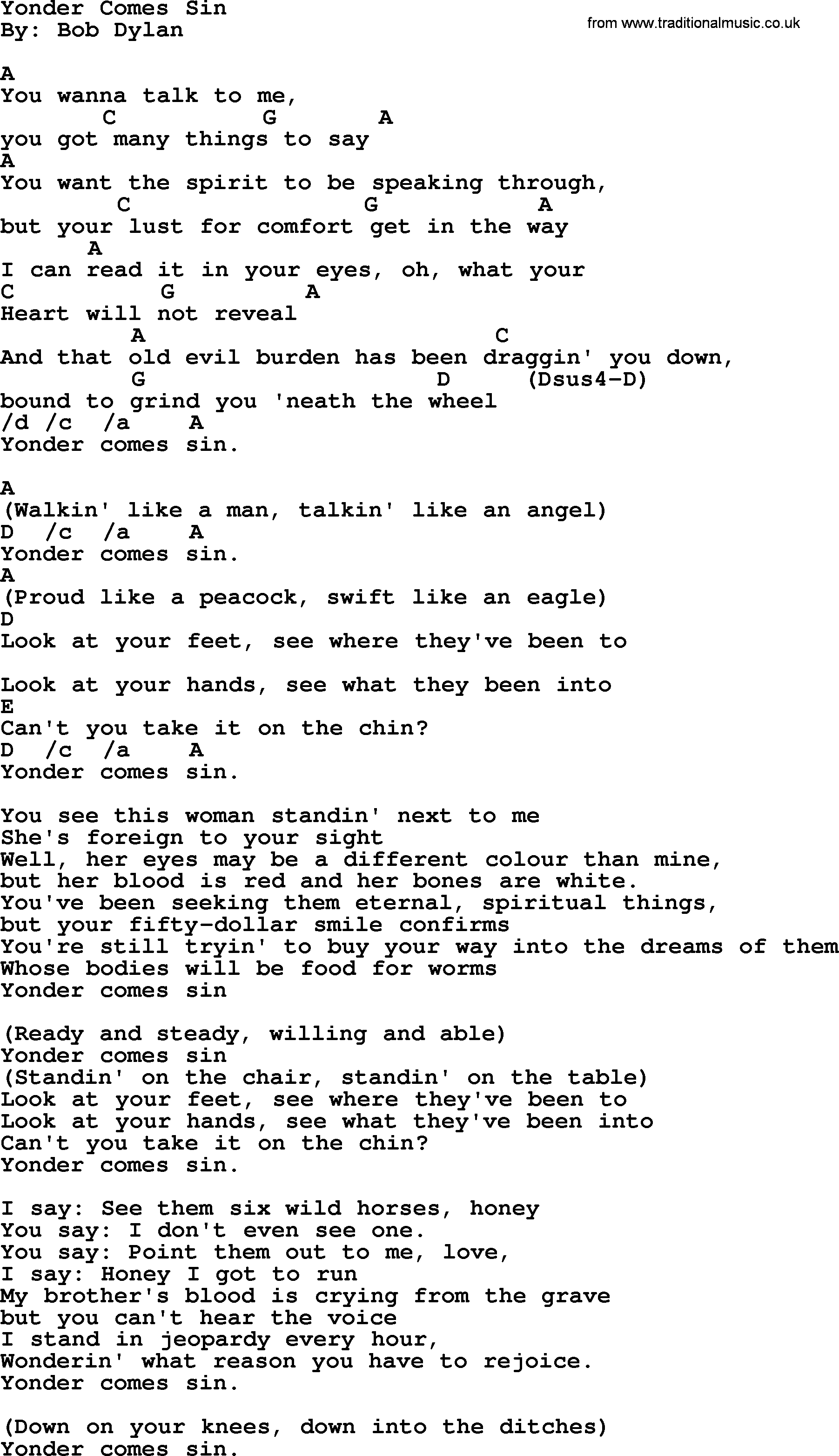 Bob Dylan song, lyrics with chords - Yonder Comes Sin