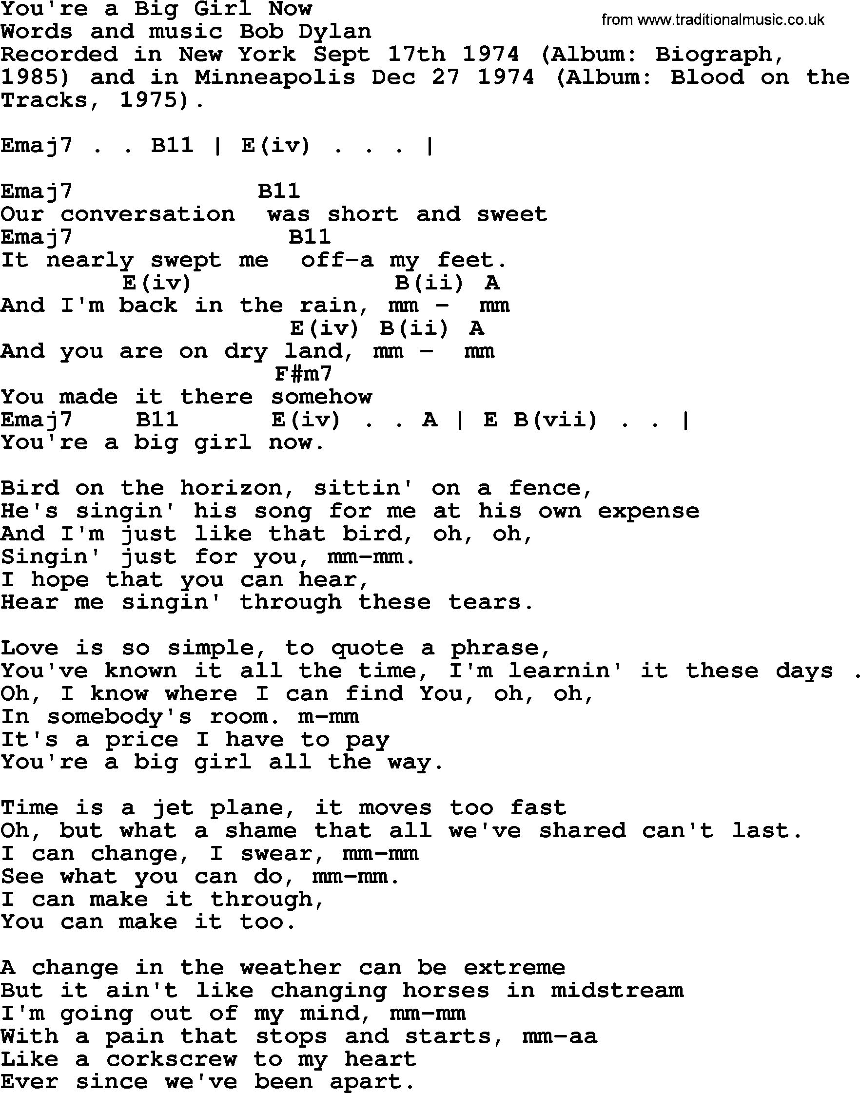 Bob Dylan song, lyrics with chords - You're a Big Girl Now