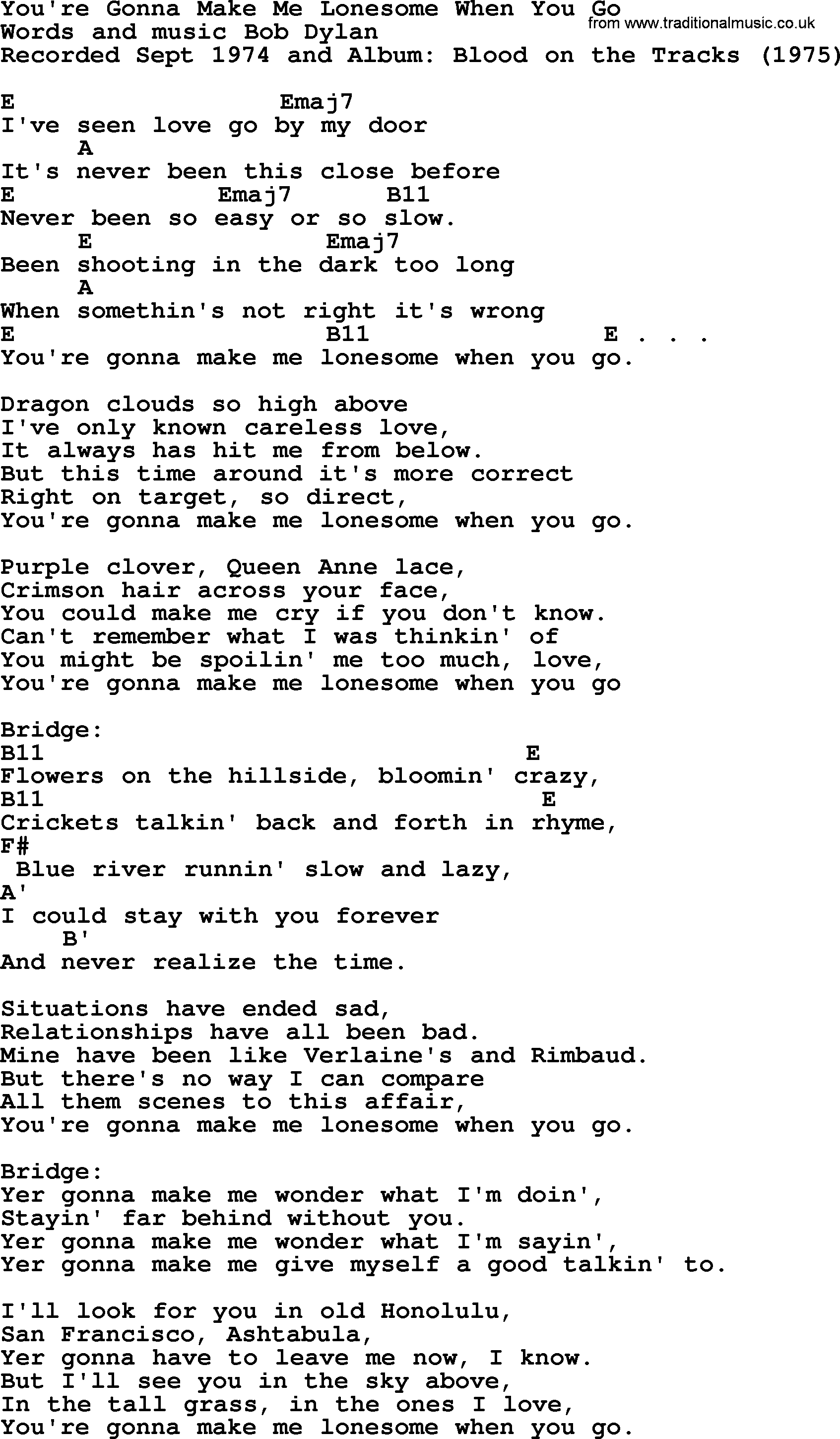 Bob Dylan song, lyrics with chords - You're Gonna Make Me Lonesome When You Go