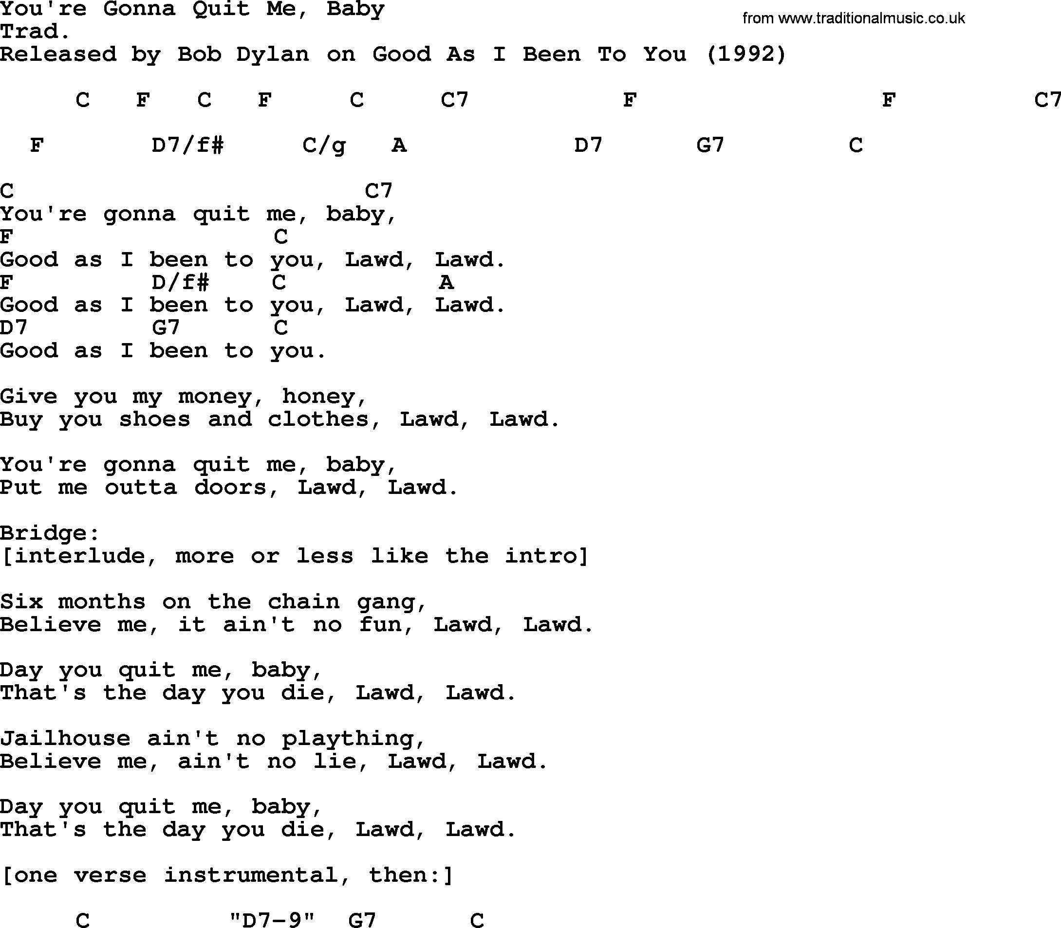 Bob Dylan song, lyrics with chords - You're Gonna Quit Me, Baby
