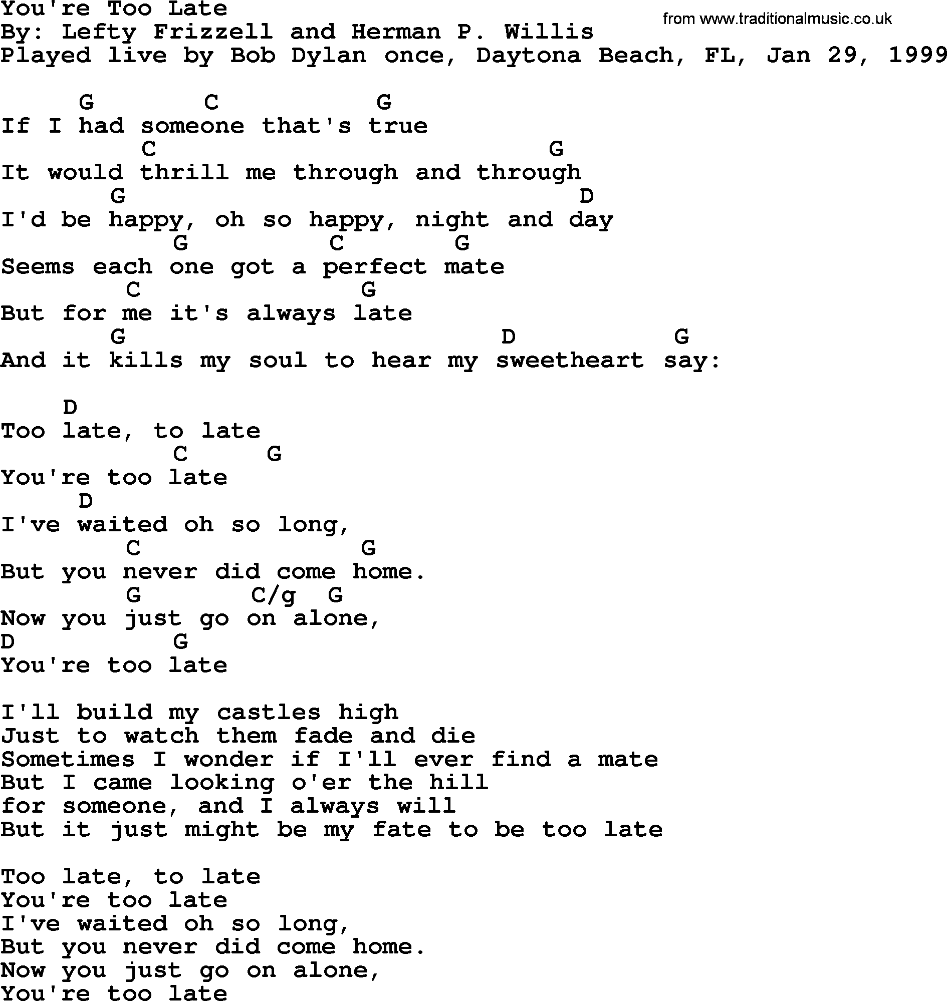Bob Dylan song, lyrics with chords - You're Too Late