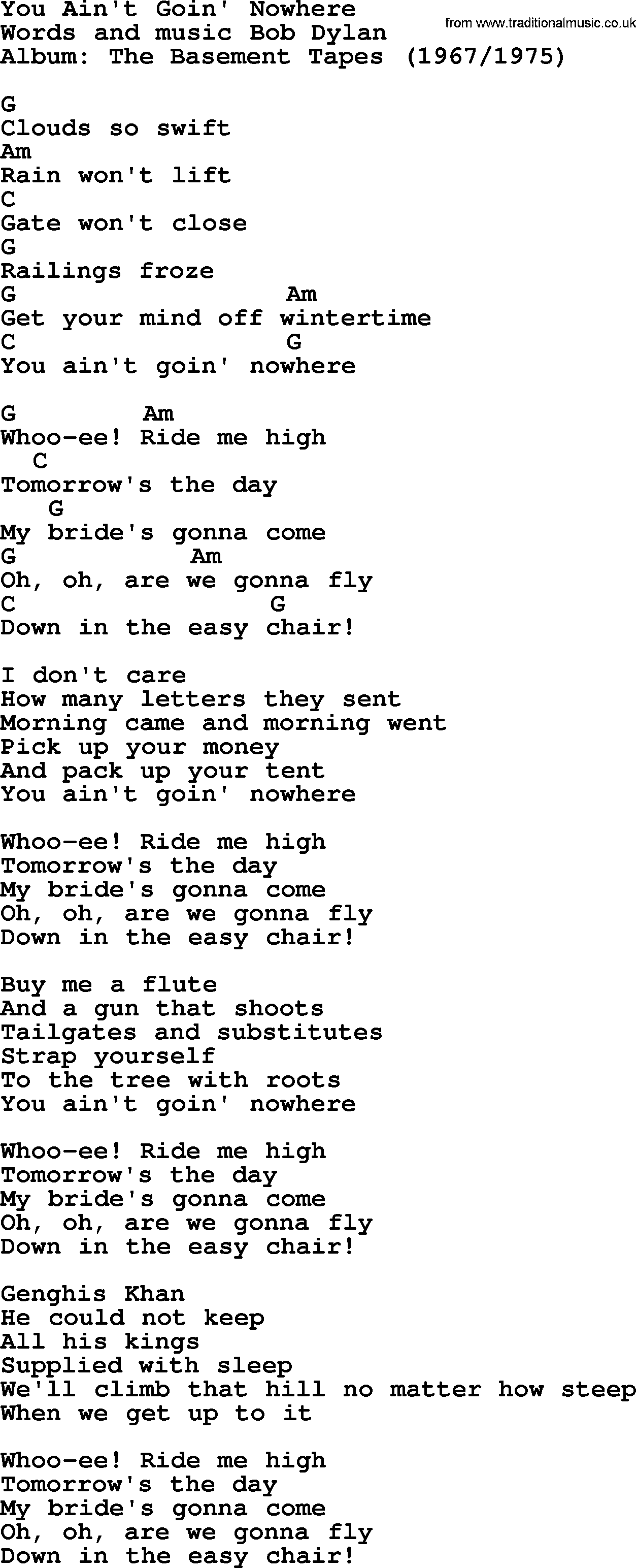 Bob Dylan song, lyrics with chords - You Ain't Goin' Nowhere