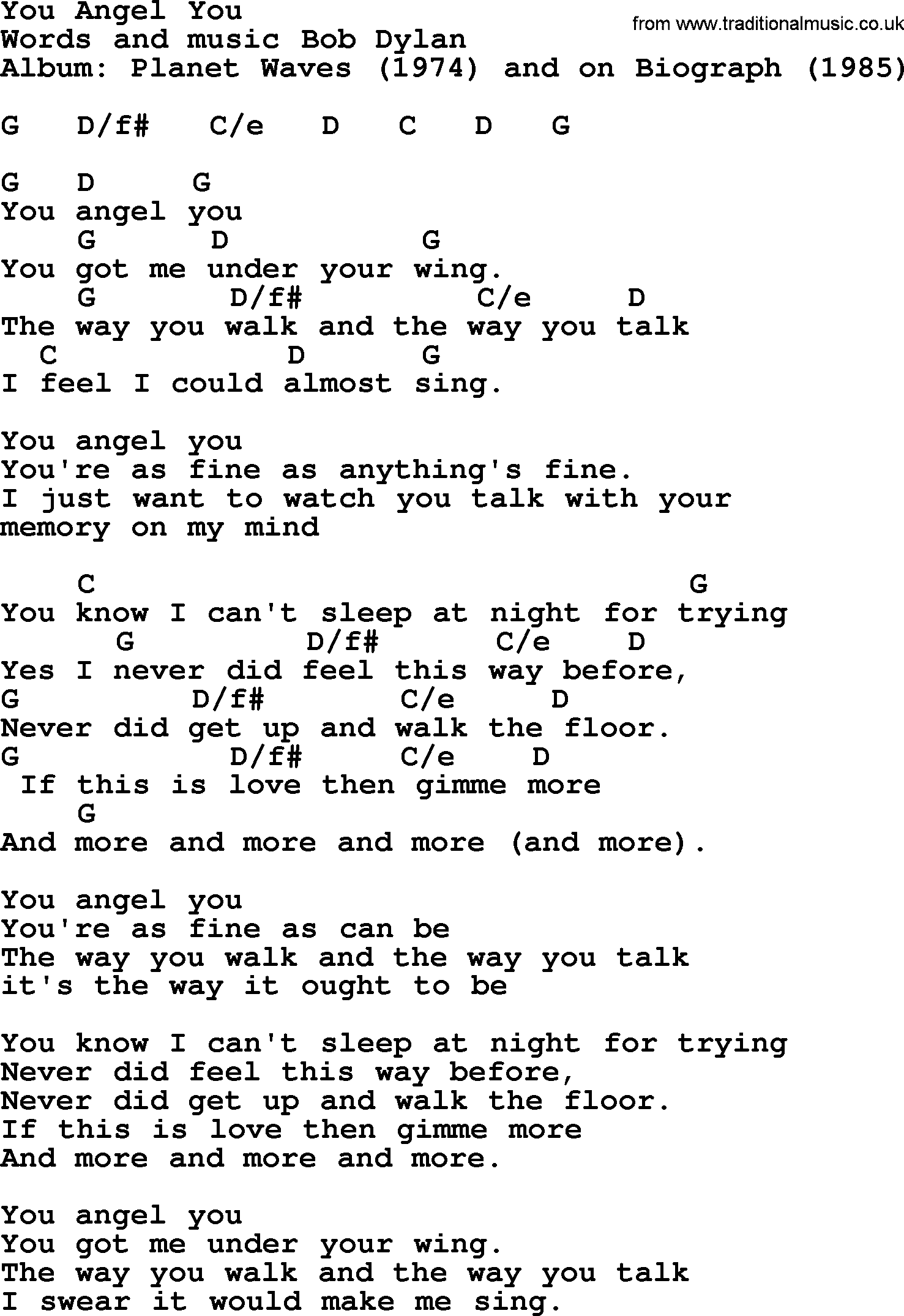 Bob Dylan song, lyrics with chords - You Angel You