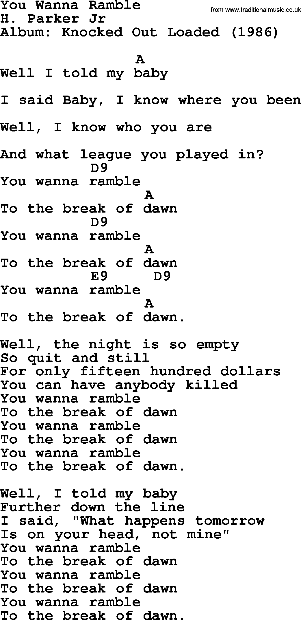 Bob Dylan song, lyrics with chords - You Wanna Ramble