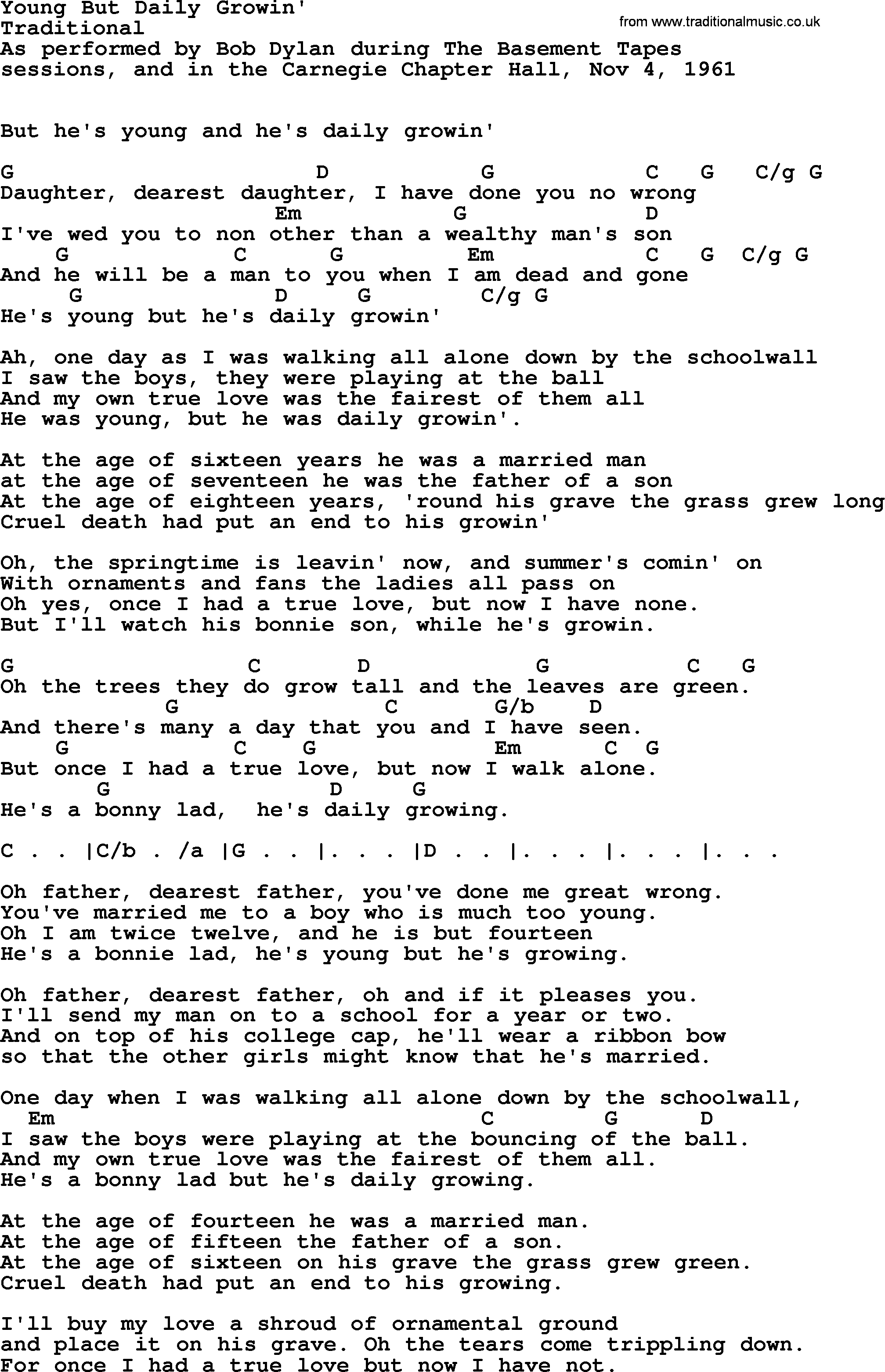 Bob Dylan song, lyrics with chords - Young But Daily Growin'