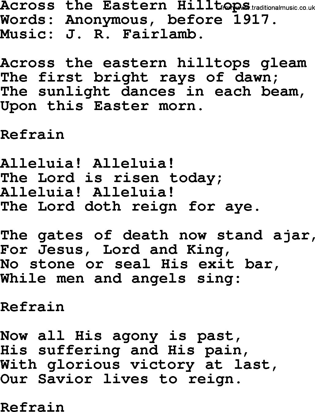 Easter Hymns, Hymn: Across The Eastern Hilltops, lyrics with PDF