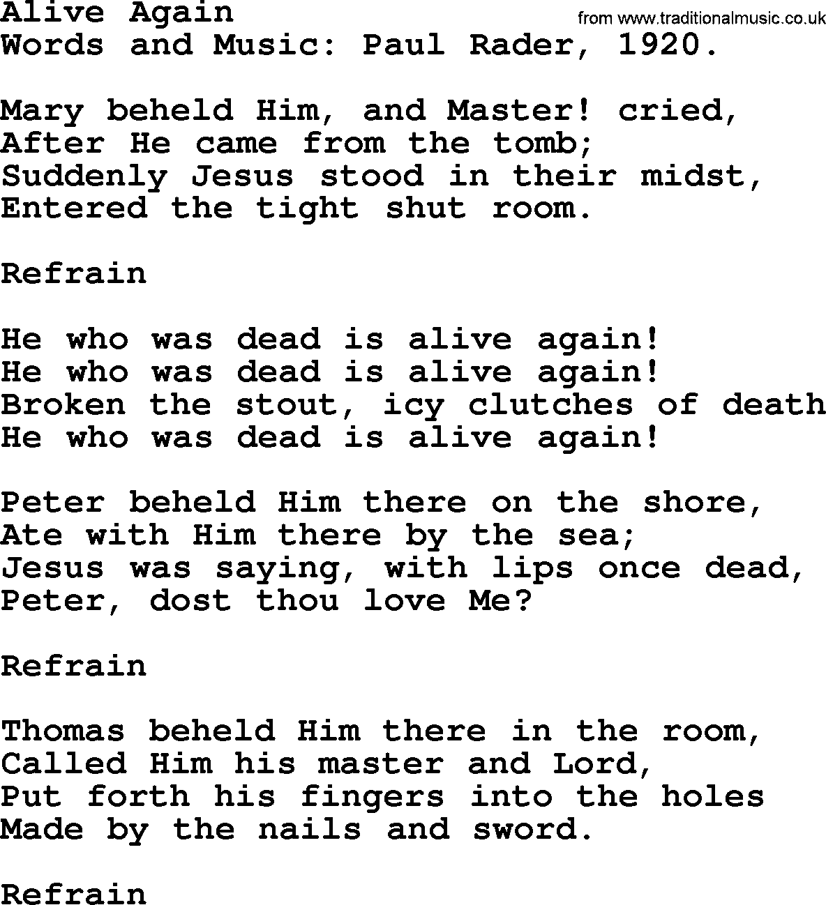 Easter Hymns, Hymn: Alive Again, lyrics with PDF