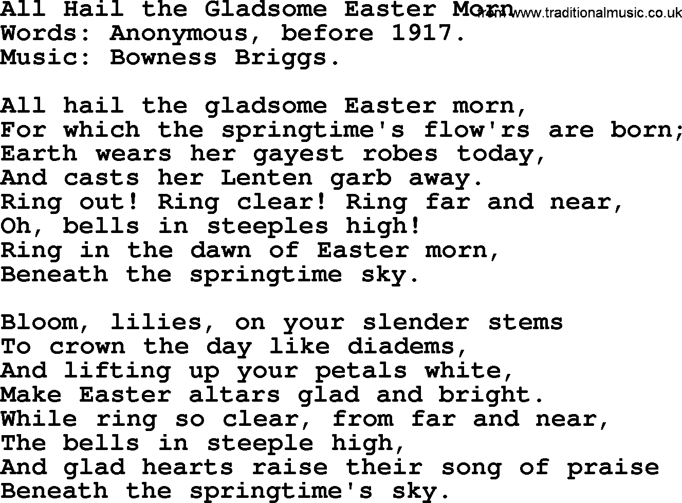Easter Hymns, Hymn: All Hail The Gladsome Easter Morn, lyrics with PDF