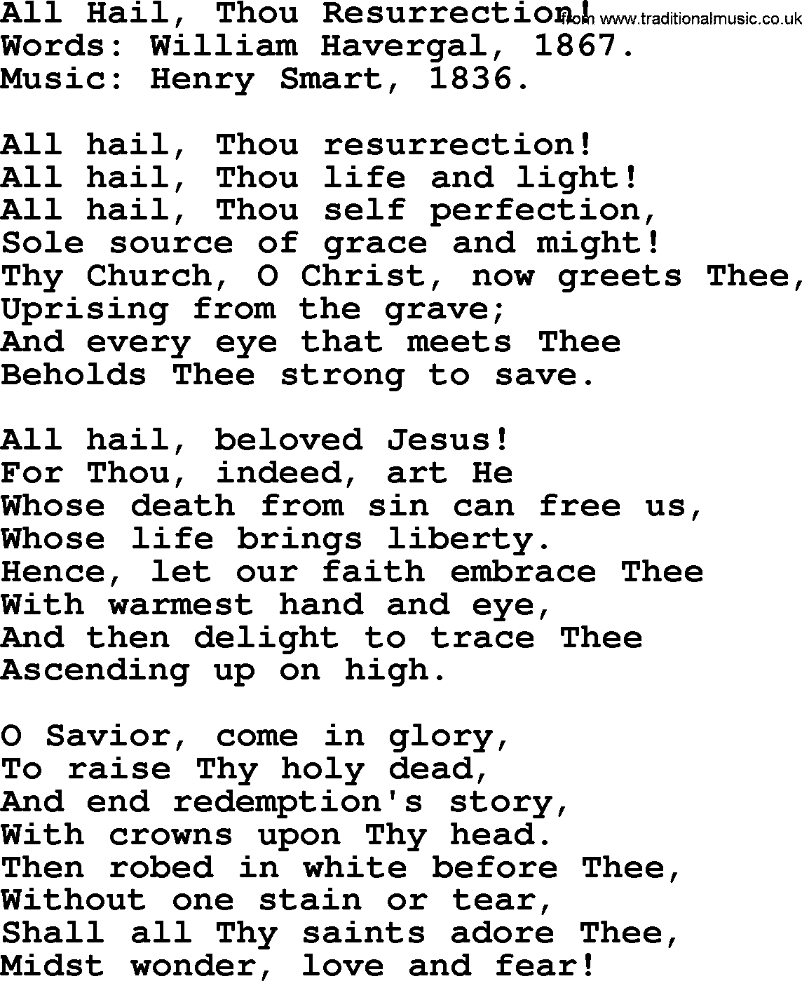 Easter Hymns, Hymn: All Hail, Thou Resurrection!, lyrics with PDF