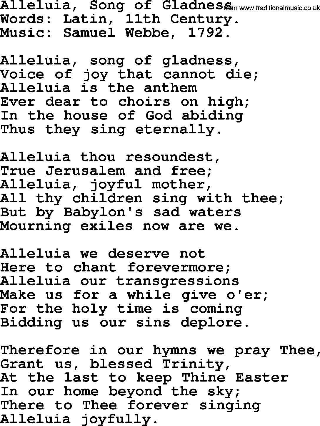 Easter Hymns, Hymn: Alleluia, Song Of Gladness, lyrics with PDF