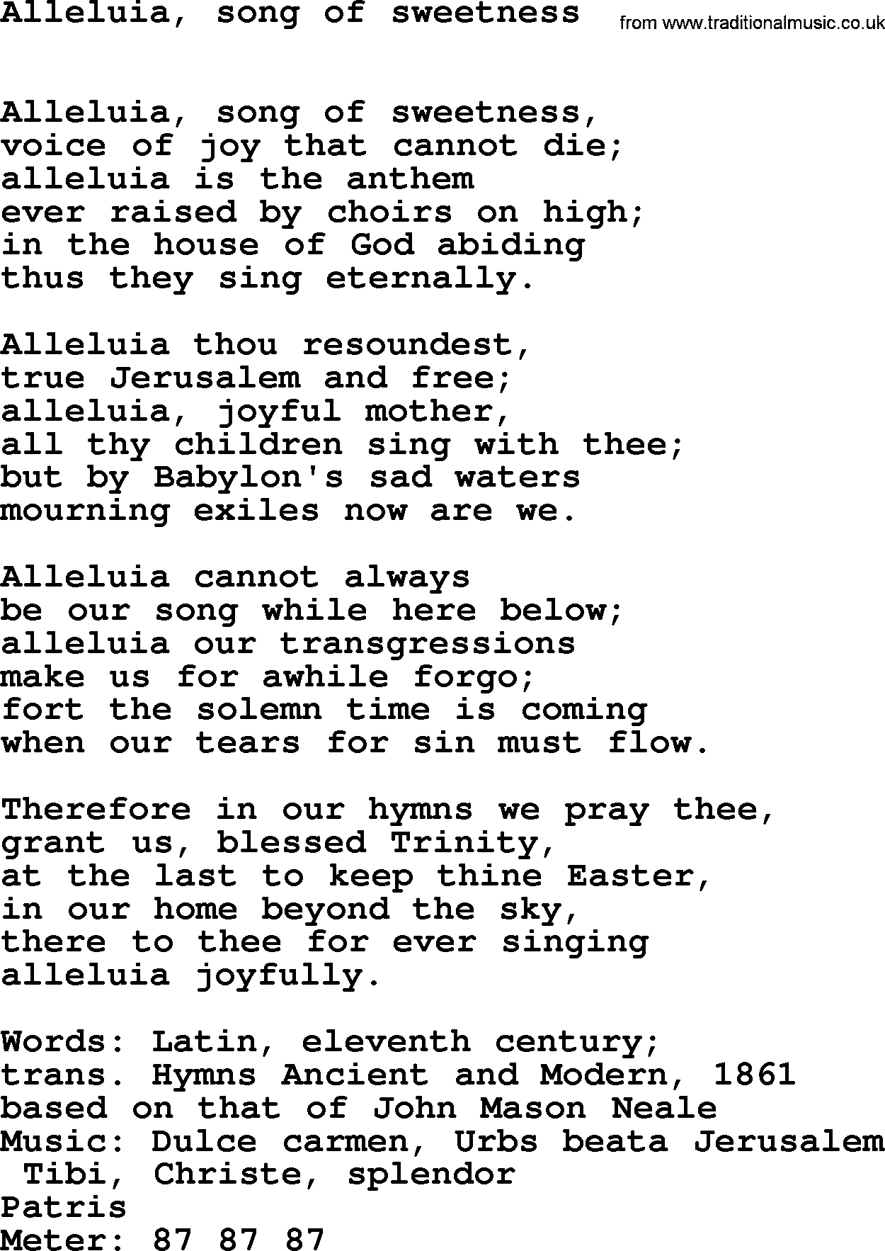 Easter Hymns, Hymn: Alleluia, Song Of Sweetness, lyrics with PDF