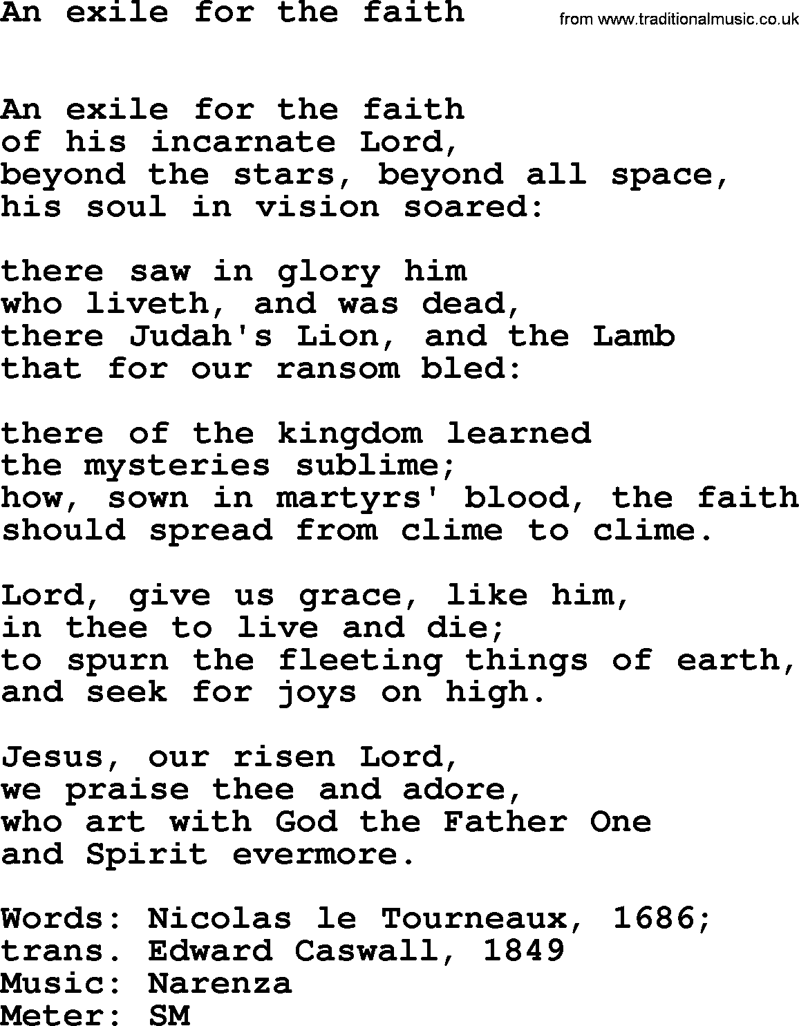 Easter Hymns, Hymn: An Exile For The Faith, lyrics with PDF