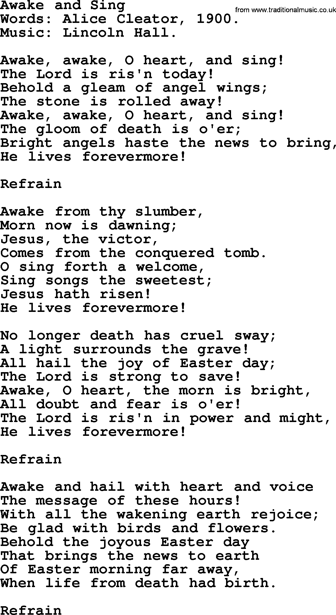 Easter Hymns, Hymn: Awake And Sing, lyrics with PDF