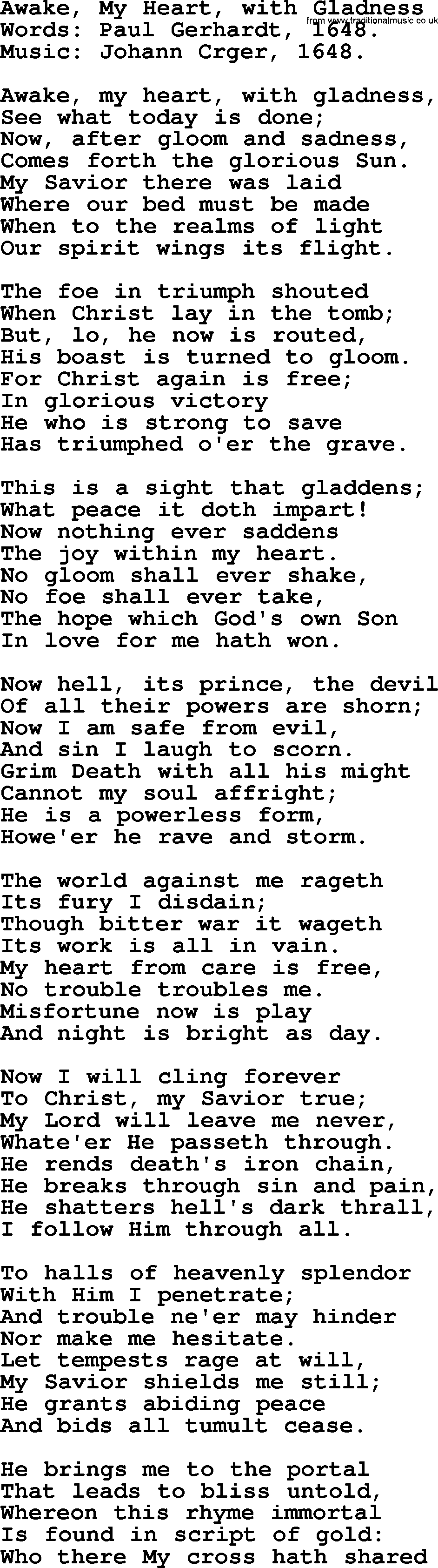 Easter Hymns, Hymn: Awake, My Heart, With Gladness, lyrics with PDF