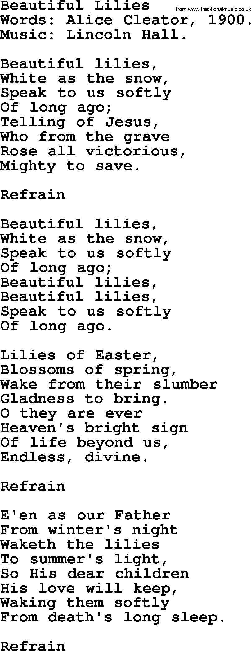 Easter Hymns, Hymn: Beautiful Lilies, lyrics with PDF