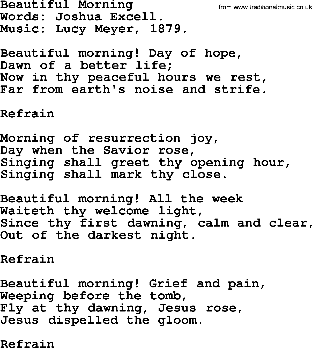 Easter Hymns, Hymn: Beautiful Morning, lyrics with PDF
