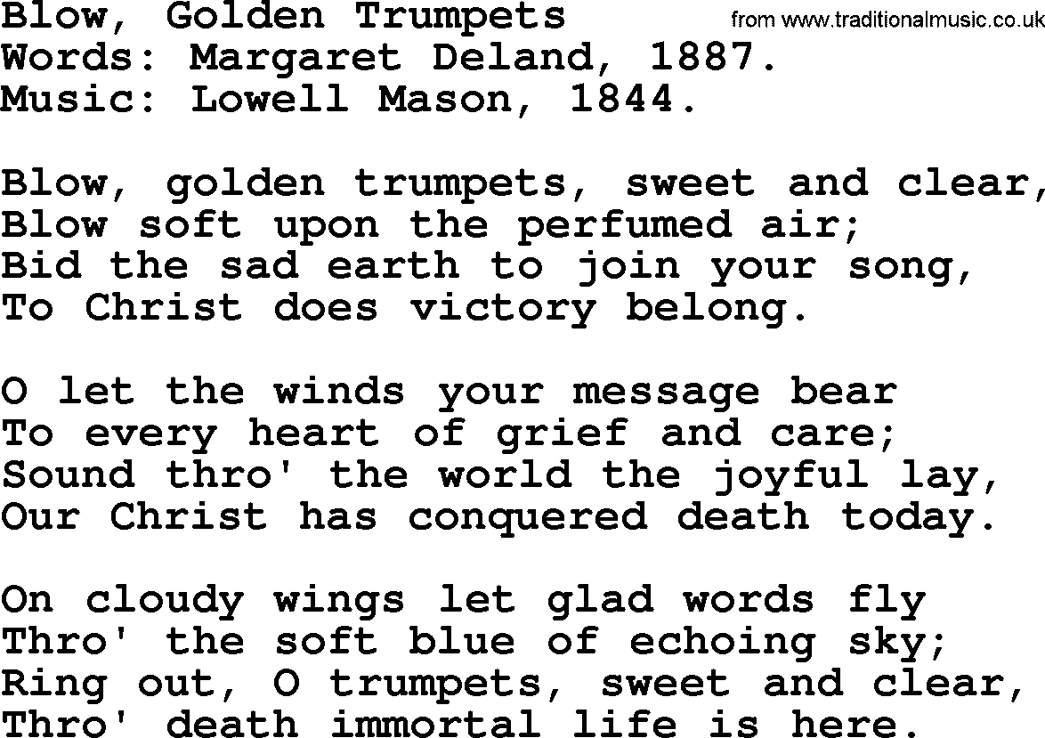 Easter Hymns, Hymn: Blow, Golden Trumpets, lyrics with PDF
