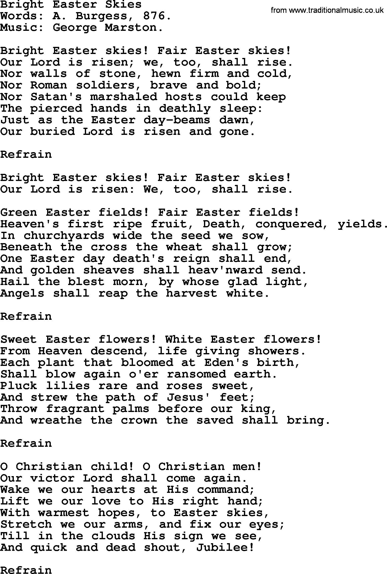 Easter Hymns, Hymn: Bright Easter Skies, lyrics with PDF