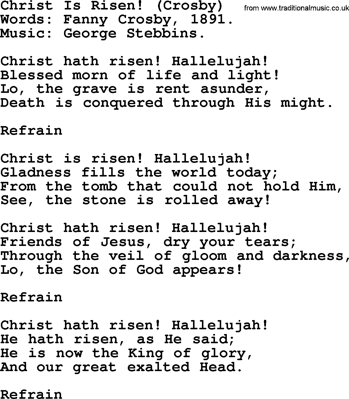 Easter Hymns, Hymn: Christ Is Risen! (crosby), lyrics with PDF