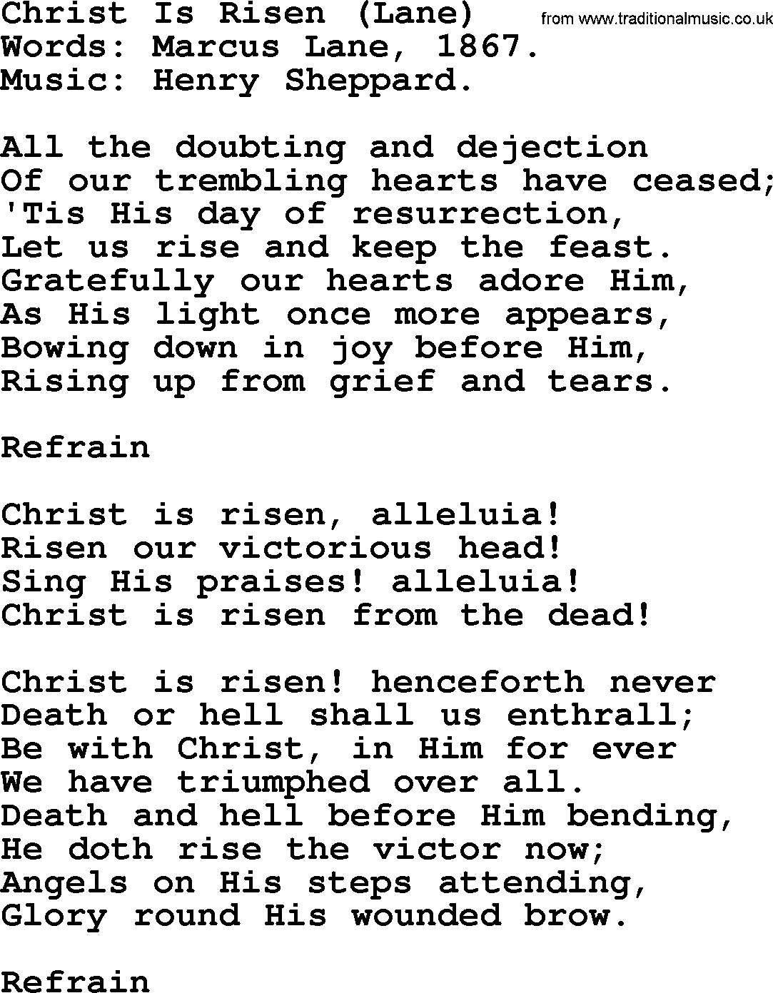 Easter Hymns, Hymn: Christ Is Risen (lane), lyrics with PDF