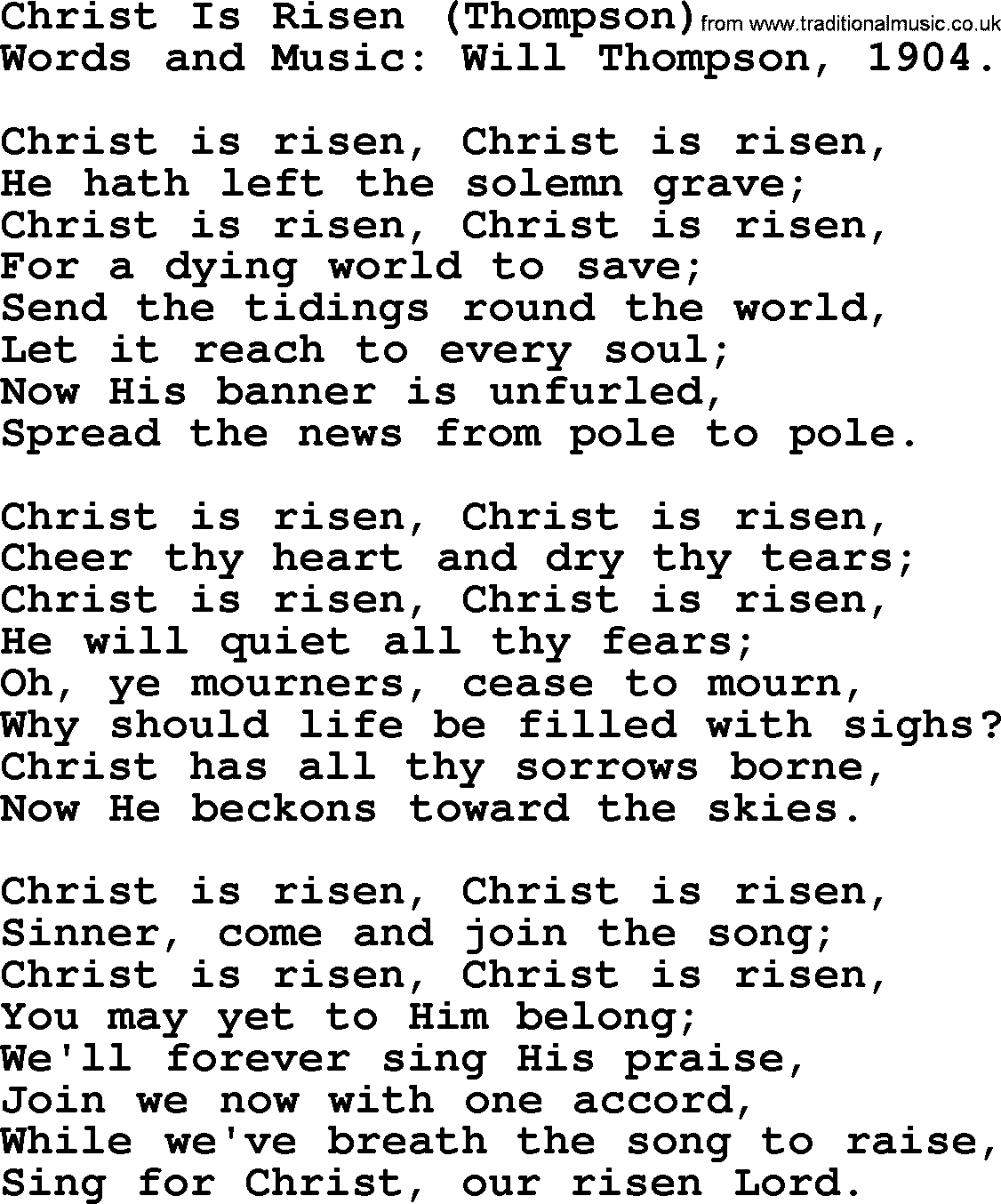 Easter Hymns, Hymn: Christ Is Risen (thompson), lyrics with PDF