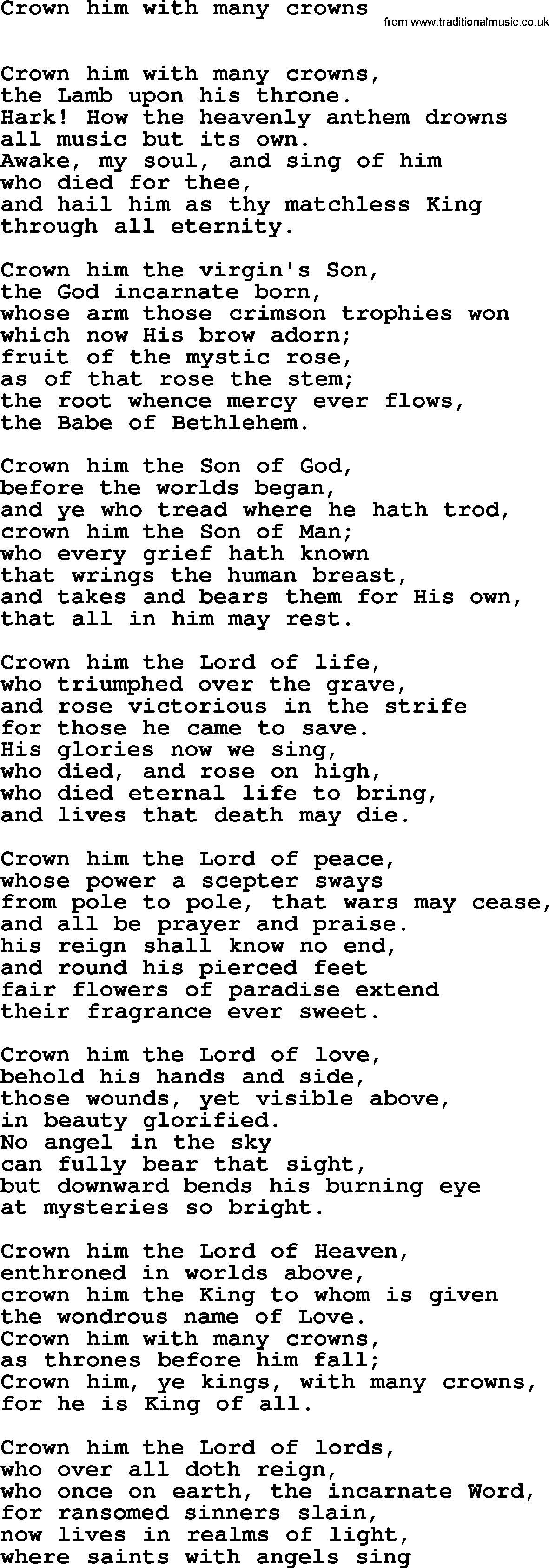 Easter Hymns, Hymn: Crown Him With Many Crowns, lyrics with PDF