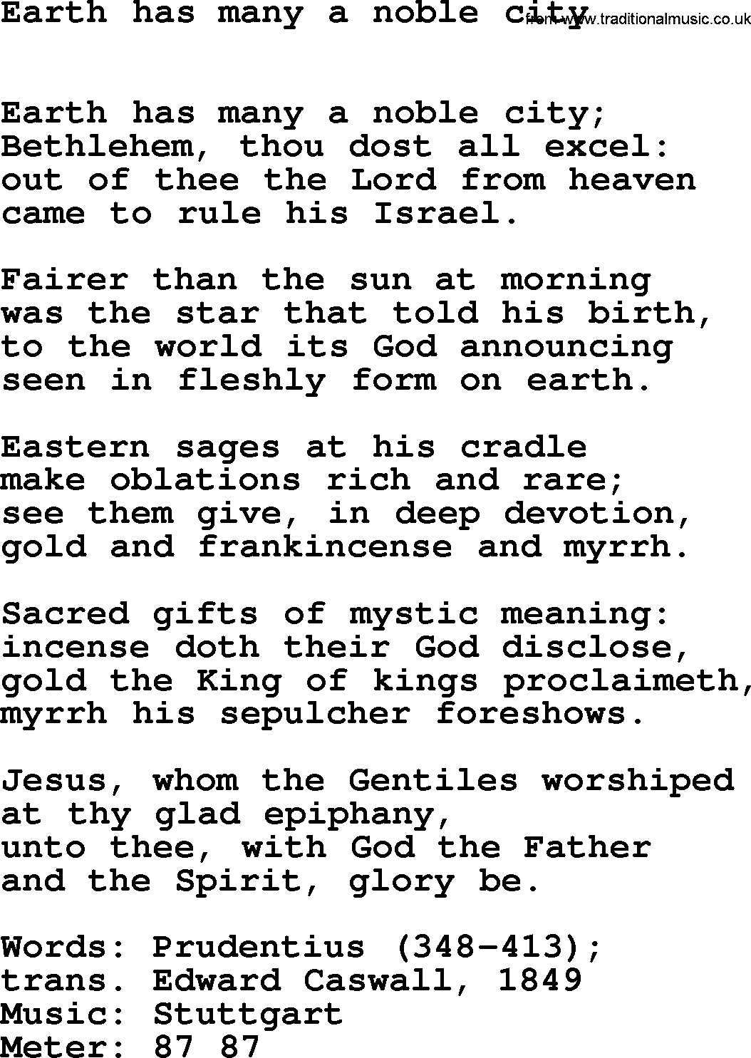 Easter Hymns, Hymn: Earth Has Many A Noble City, lyrics with PDF