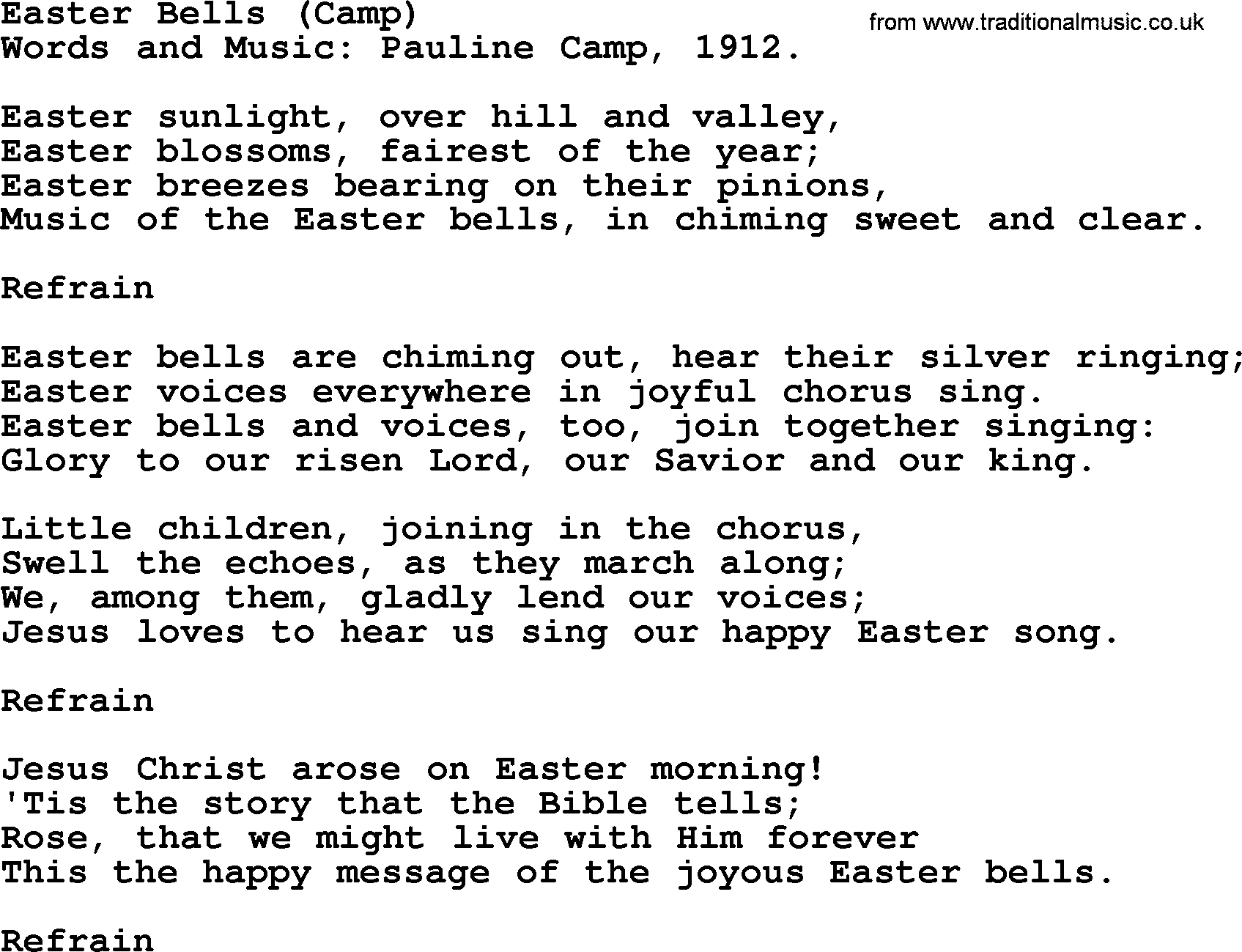 Easter Hymns, Hymn: Easter Bells (camp), lyrics with PDF