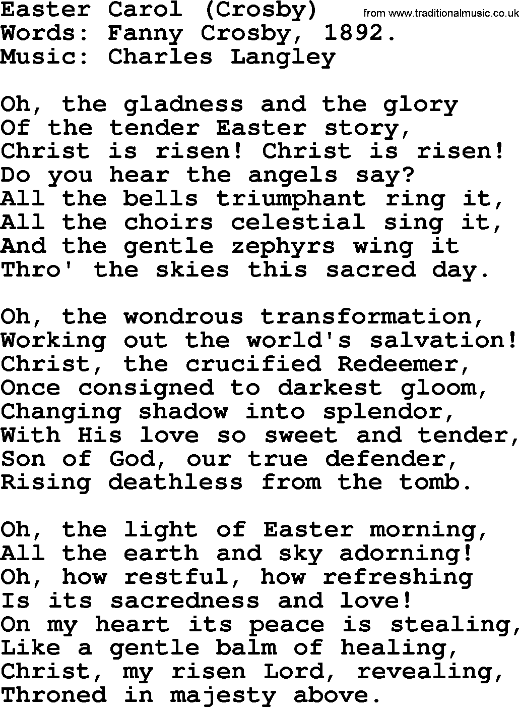 Easter Hymns, Hymn: Easter Carol (crosby), lyrics with PDF