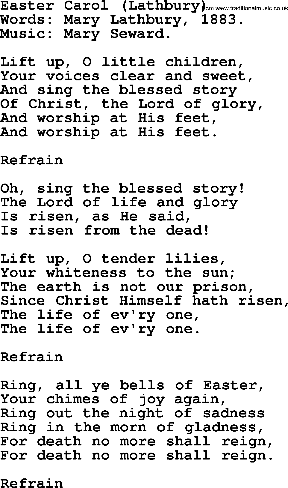 Easter Hymns, Hymn: Easter Carol (lathbury), lyrics with PDF