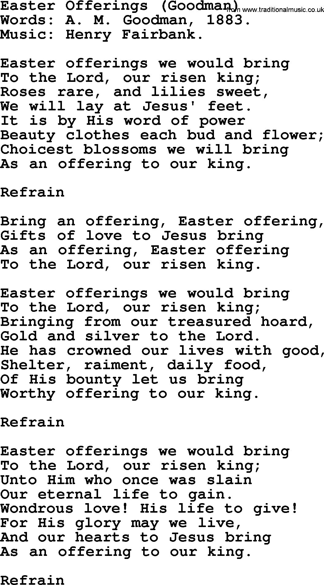 Easter Hymns, Hymn: Easter Offerings (goodman), lyrics with PDF