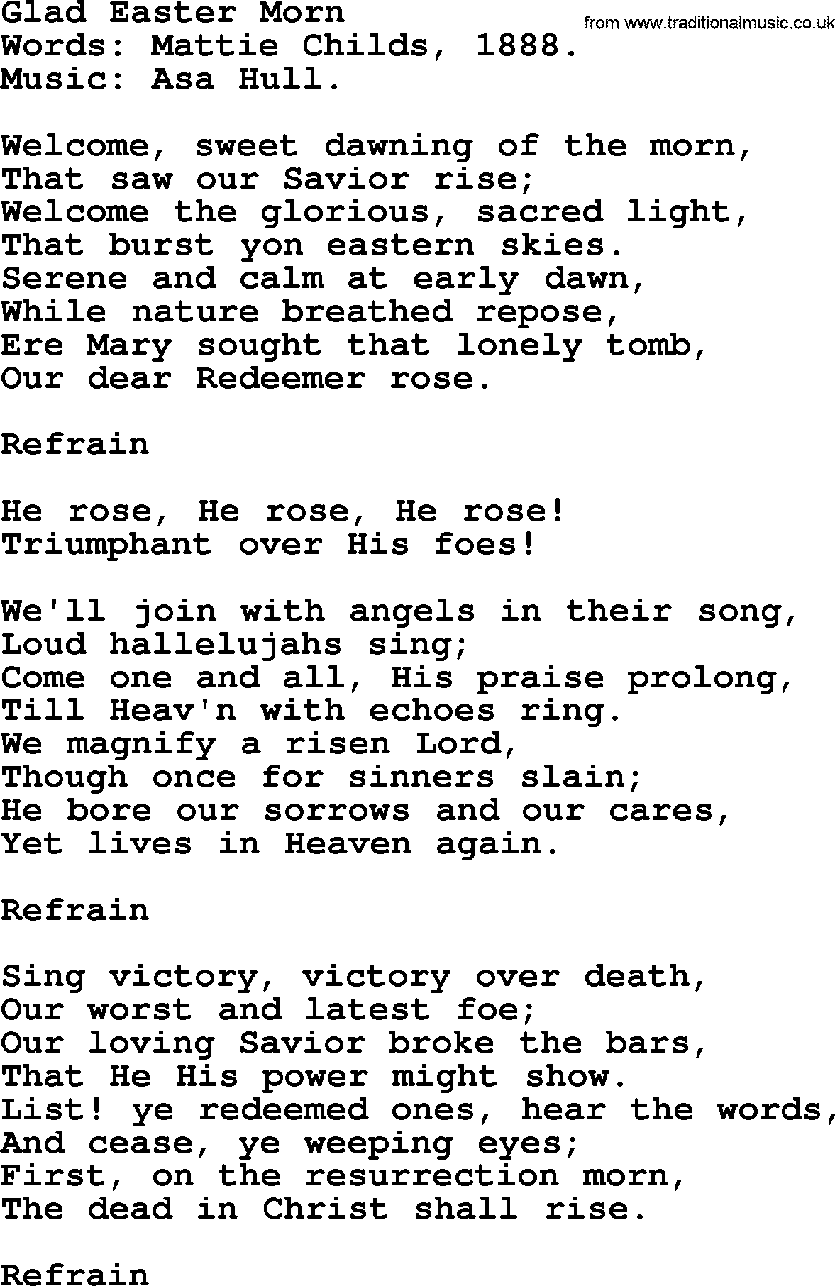 Easter Hymns, Hymn: Glad Easter Morn, lyrics with PDF