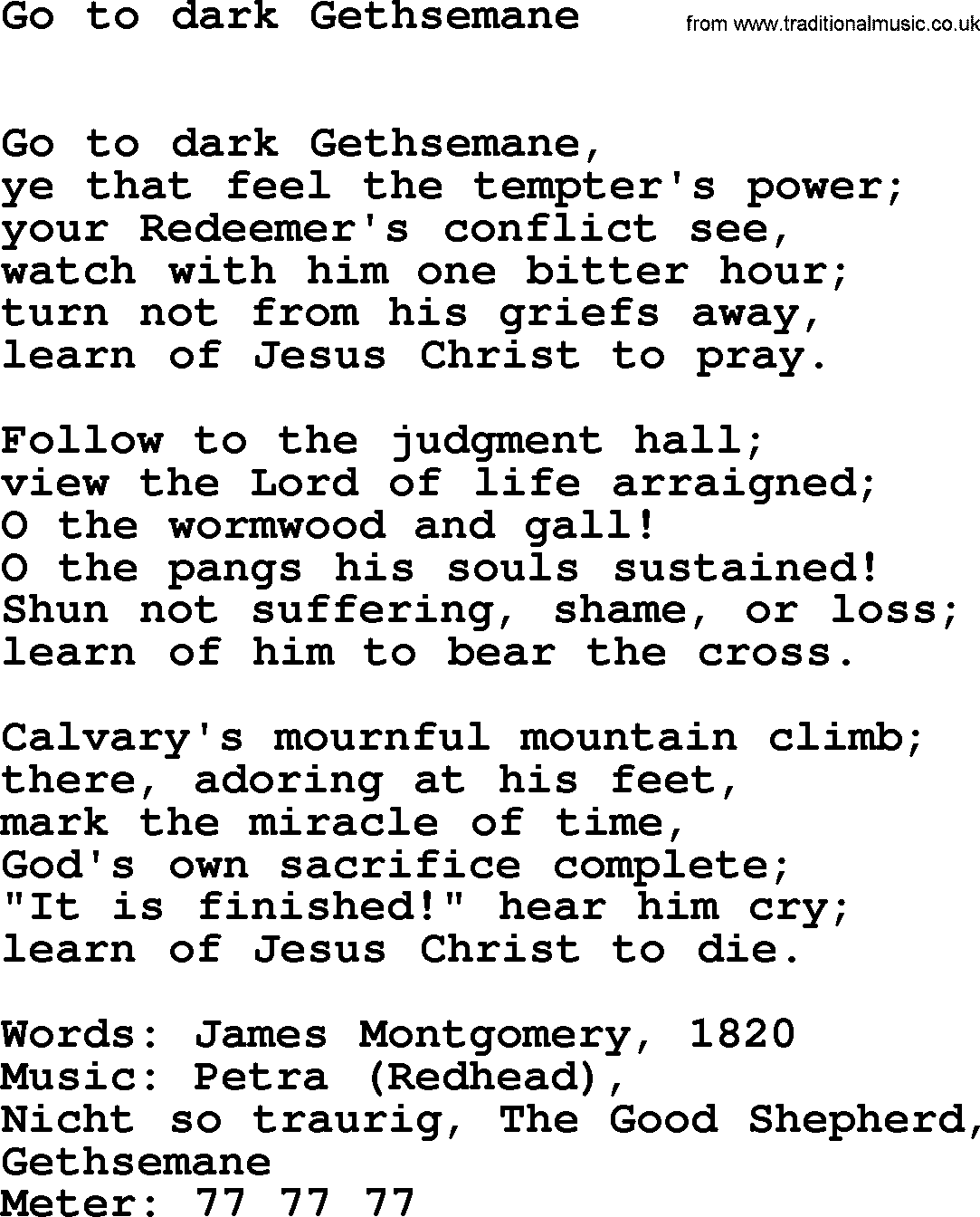 Easter Hymns, Hymn: Go To Dark Gethsemane, lyrics with PDF