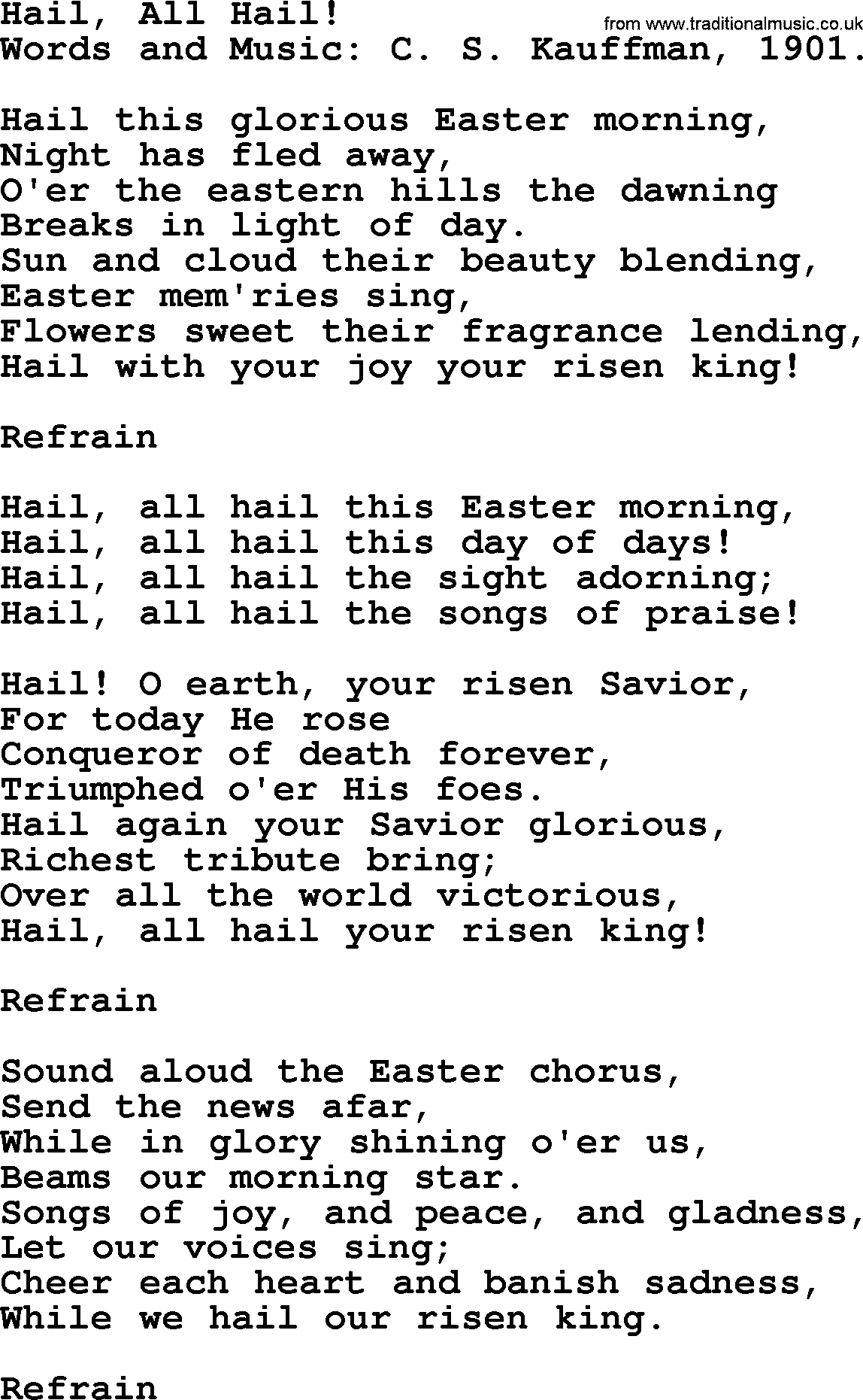 Easter Hymns, Hymn: Hail, All Hail!, lyrics with PDF