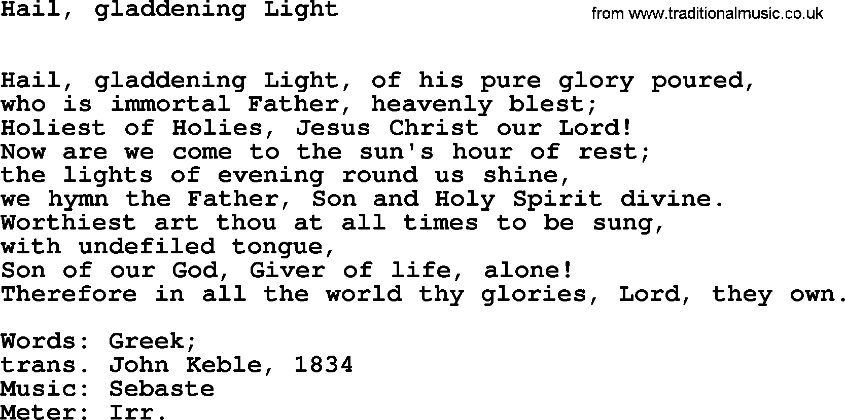 Easter Hymns, Hymn: Hail, Gladdening Light, lyrics with PDF
