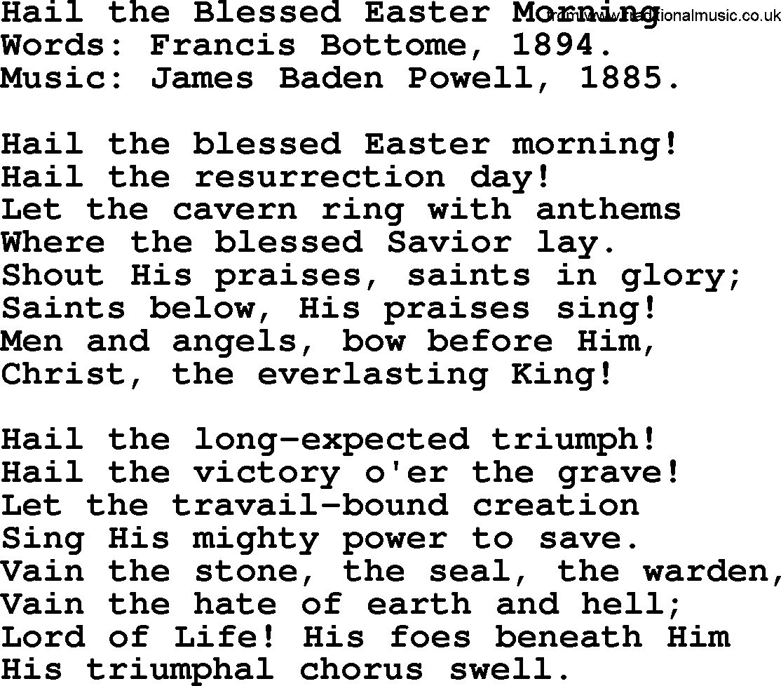 Easter Hymns, Hymn: Hail The Blessed Easter Morning, lyrics with PDF