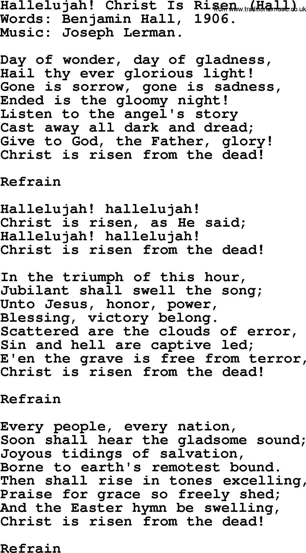 Easter Hymns, Song Hallelujah! Christ Is Risen (hall) lyrics, midi