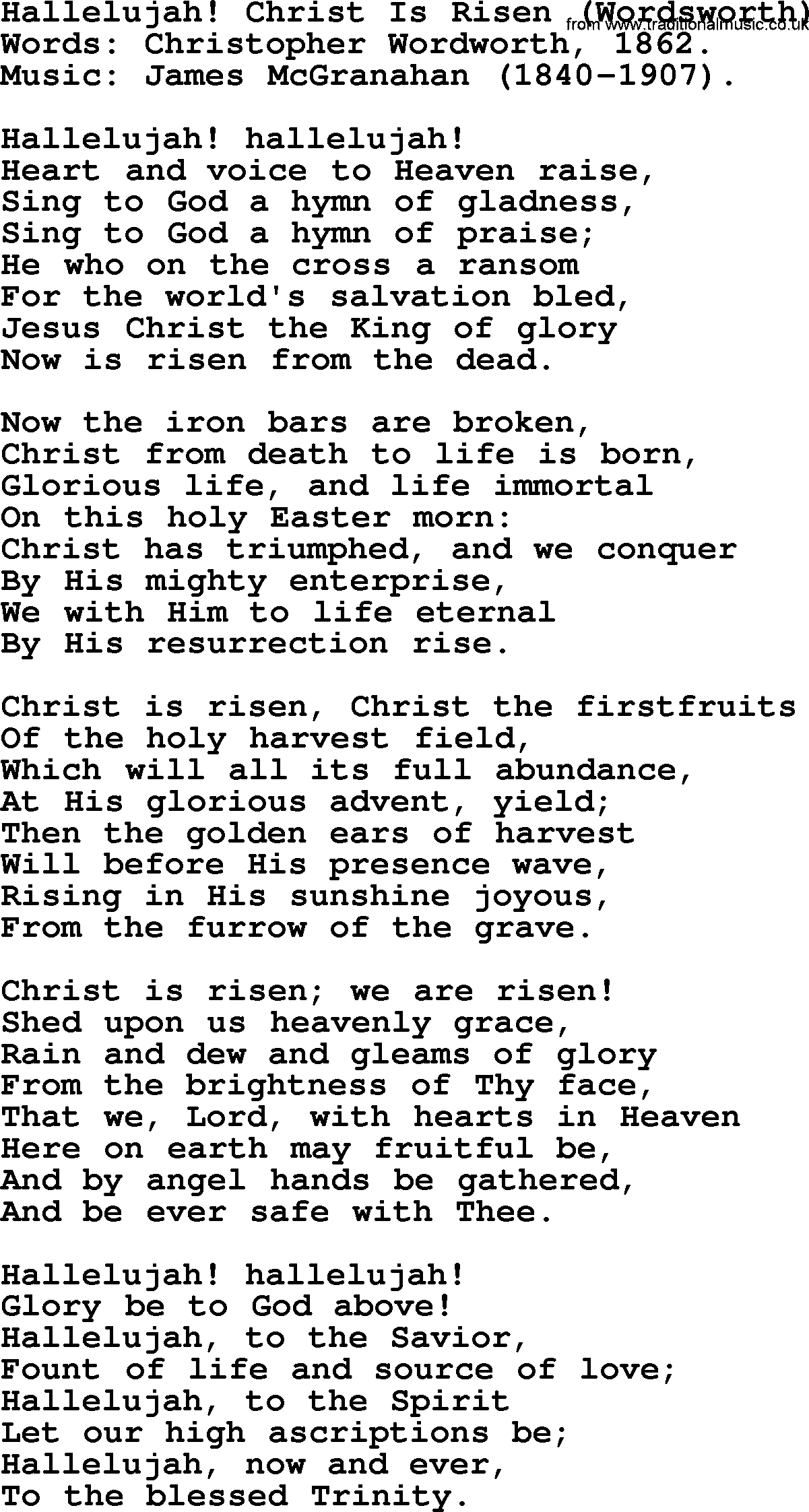Easter Hymns, Song Hallelujah! Christ Is Risen (wordsworth) lyrics