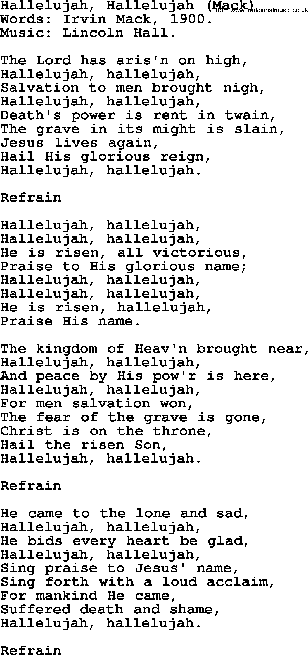 Easter Hymns, Hymn: Hallelujah, Hallelujah (mack), lyrics with PDF