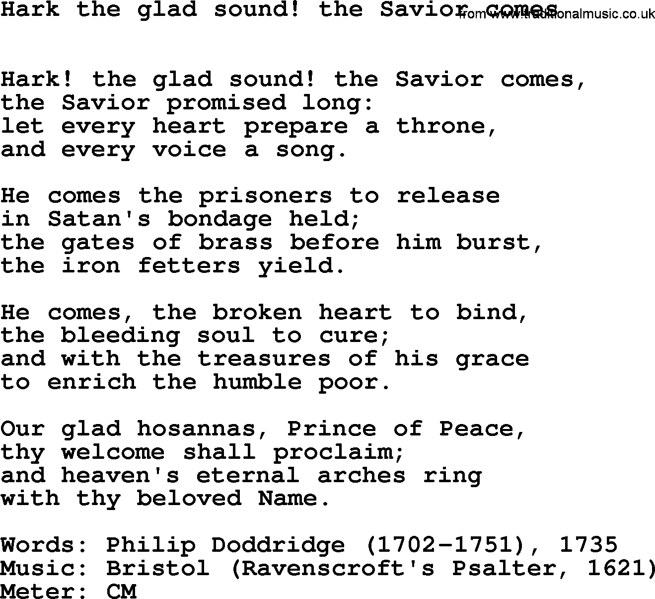 Easter Hymns, Hymn: Hark The Glad Sound! The Savior Comes, lyrics with PDF