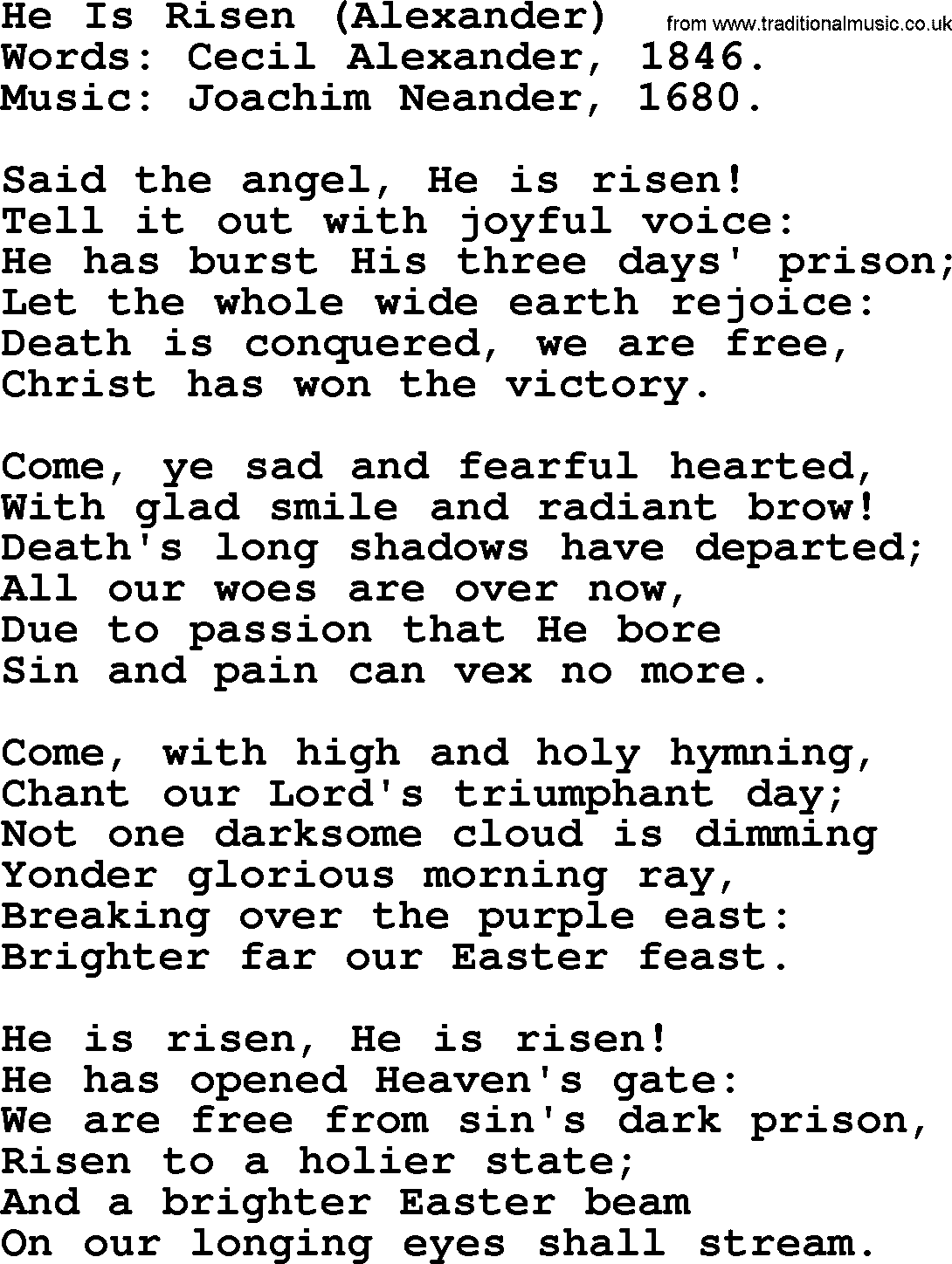 Easter Hymns, Hymn: He Is Risen (alexander), lyrics with PDF