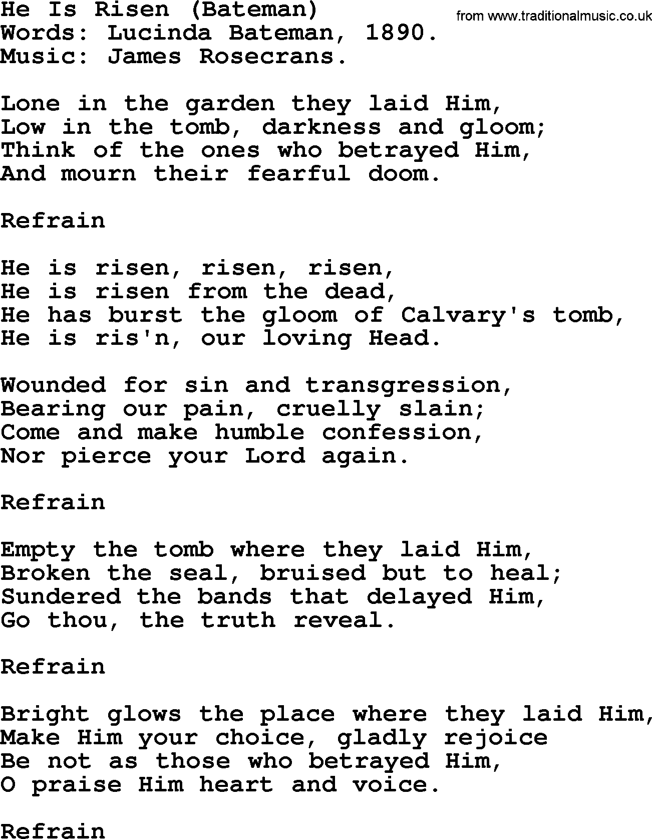 Easter Hymns, Hymn: He Is Risen (bateman), lyrics with PDF