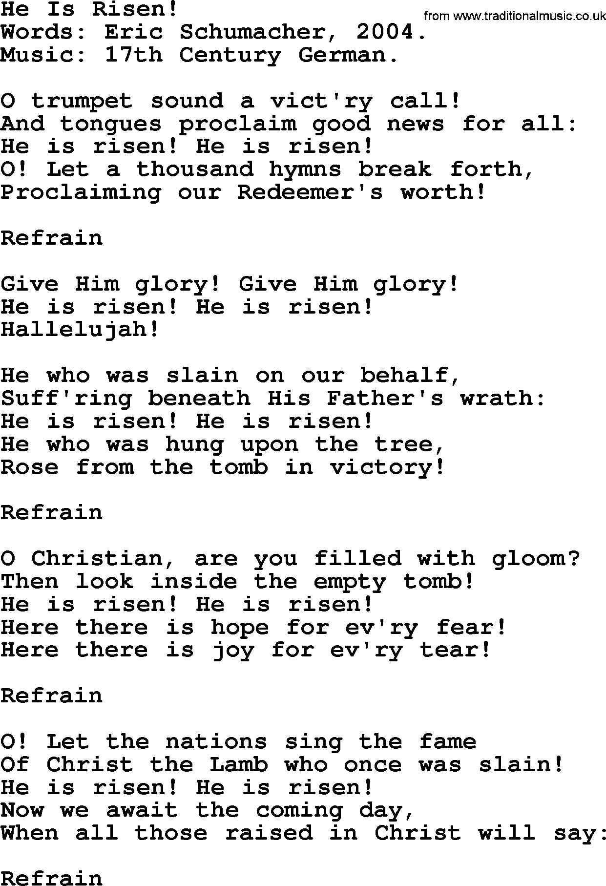 Easter Hymns, Hymn: He Is Risen!, lyrics with PDF