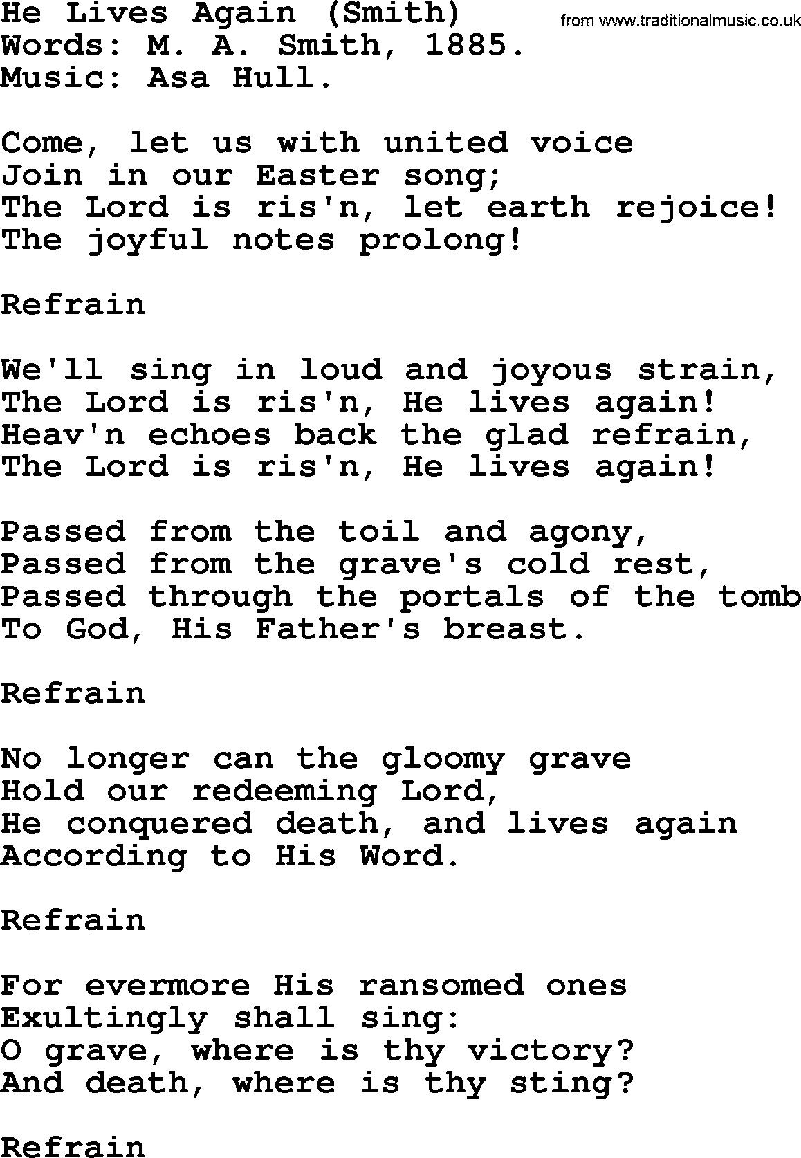 Easter Hymns, Hymn: He Lives Again (smith), lyrics with PDF