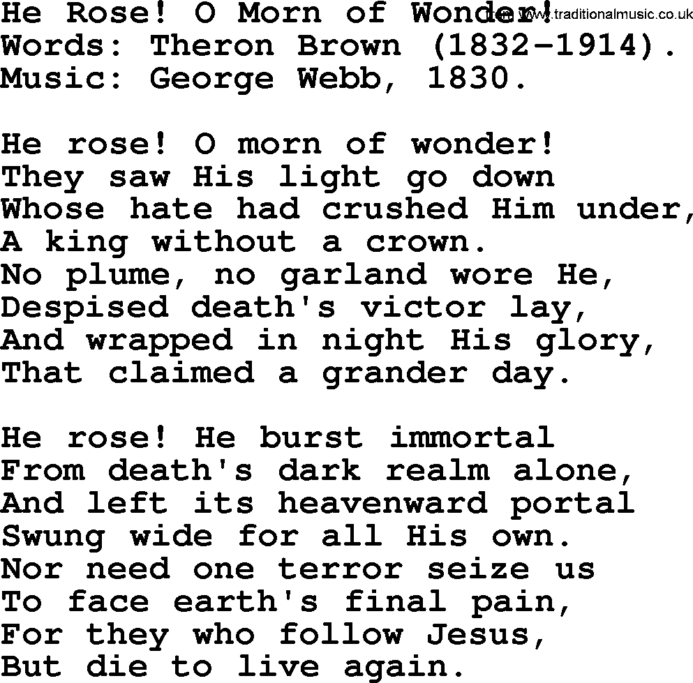Easter Hymns, Hymn: He Rose! O Morn Of Wonder!, lyrics with PDF